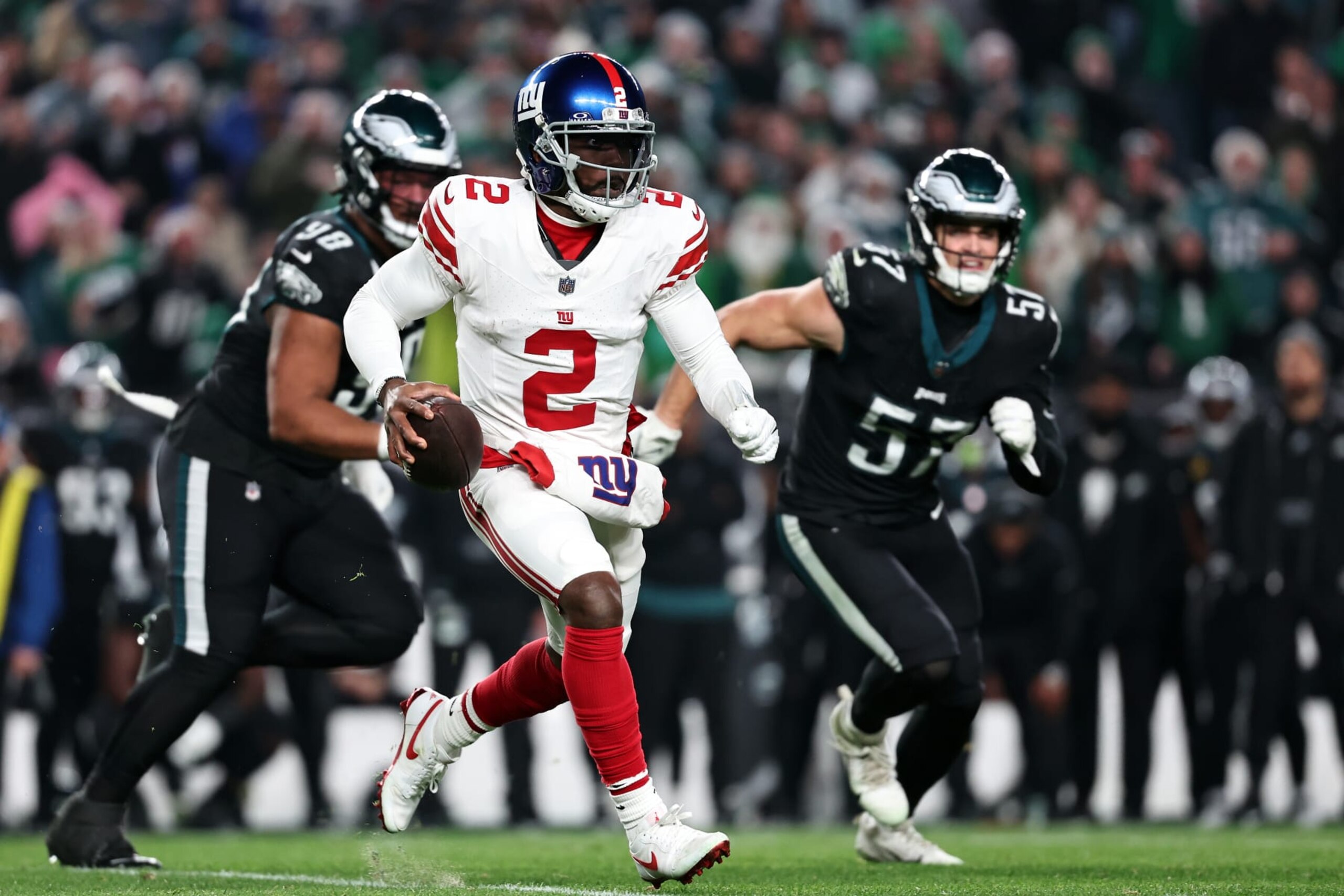 PHILADELPHIA, PENNSYLVANIA - DECEMBER 25: Tyrod Taylor #2 of the New York Giants runs the ball during the third quarter against the Philadelphia Eagles at Lincoln Financial Field on December 25, 2023 in Philadelphia, Pennsylvania. (Photo by Dustin Satloff/Getty Images)