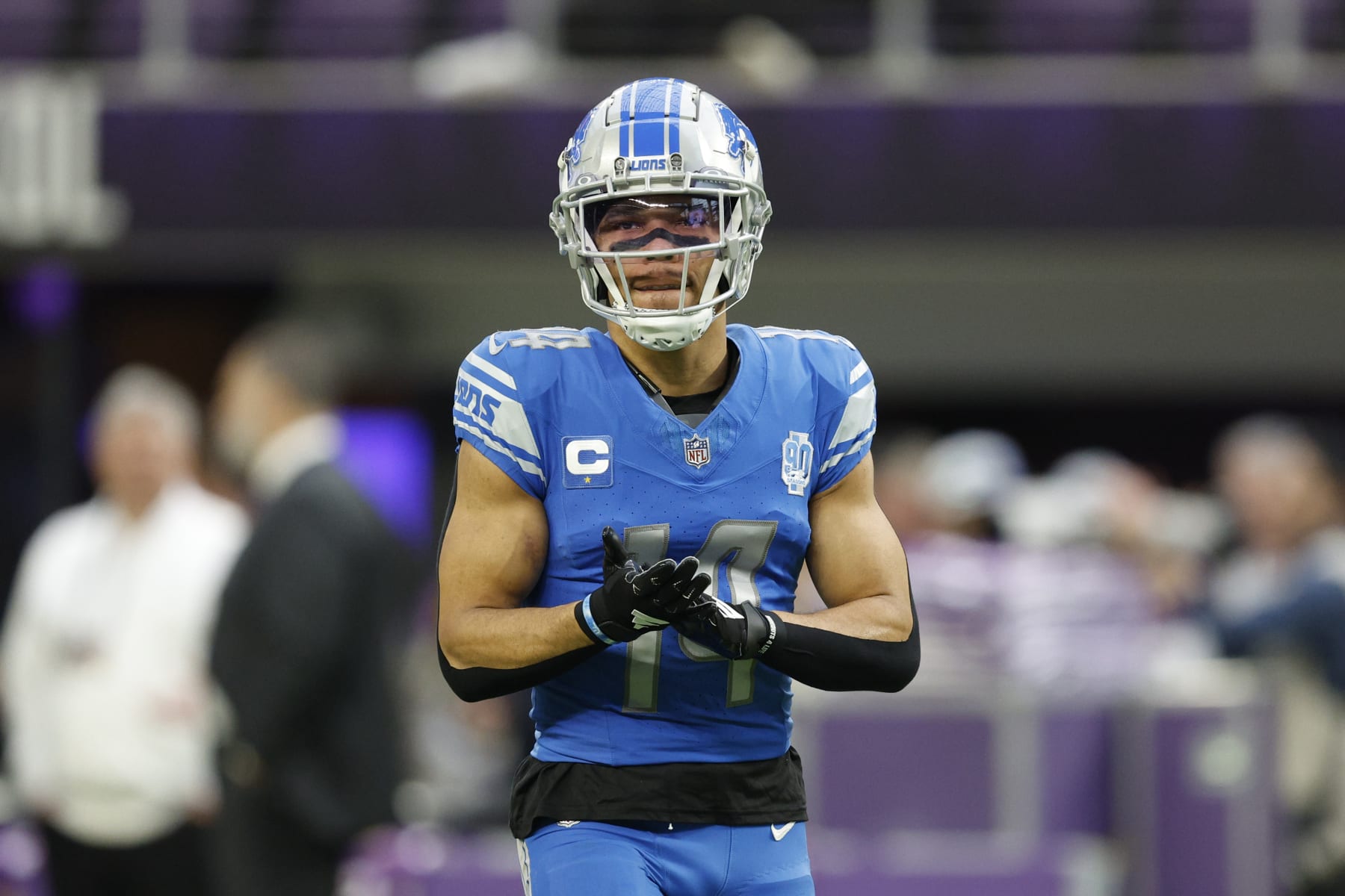 MINNEAPOLIS, MINNESOTA - DECEMBER 24:  Amon-Ra St. Brown #14 of the Detroit Lions warms up prior to the game against the Minnesota Vikings at U.S. Bank Stadium on December 24, 2023 in Minneapolis, Minnesota. (Photo by David Berding/Getty Images)