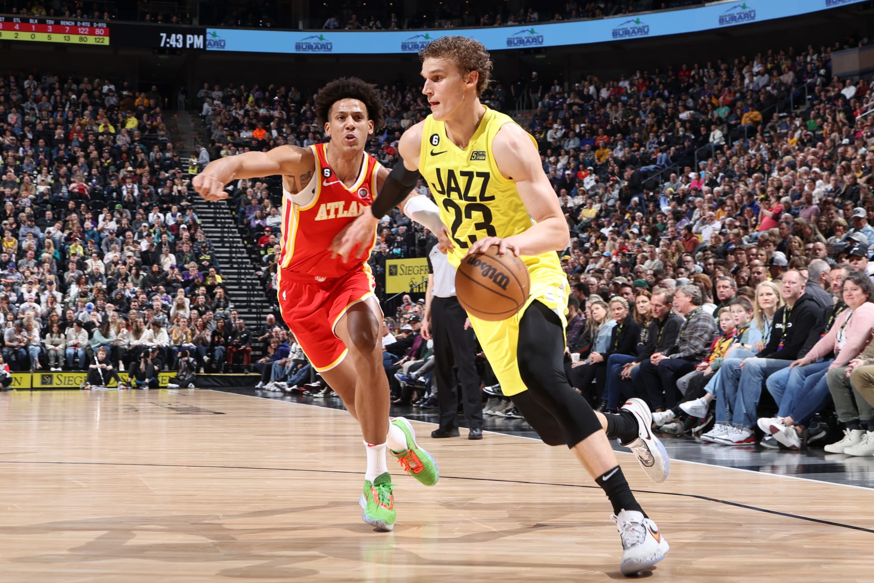 SALT LAKE CITY, UT - FEBRUARY 3: Lauri Markkanen #23 of the Utah Jazz dribbles the ball during the game against the Atlanta Hawks on February 3, 2023 at vivint.SmartHome Arena in Salt Lake City, Utah. NOTE TO USER: User expressly acknowledges and agrees that, by downloading and or using this Photograph, User is consenting to the terms and conditions of the Getty Images License Agreement. Mandatory Copyright Notice: Copyright 2023 NBAE (Photo by Melissa Majchrzak/NBAE via Getty Images)