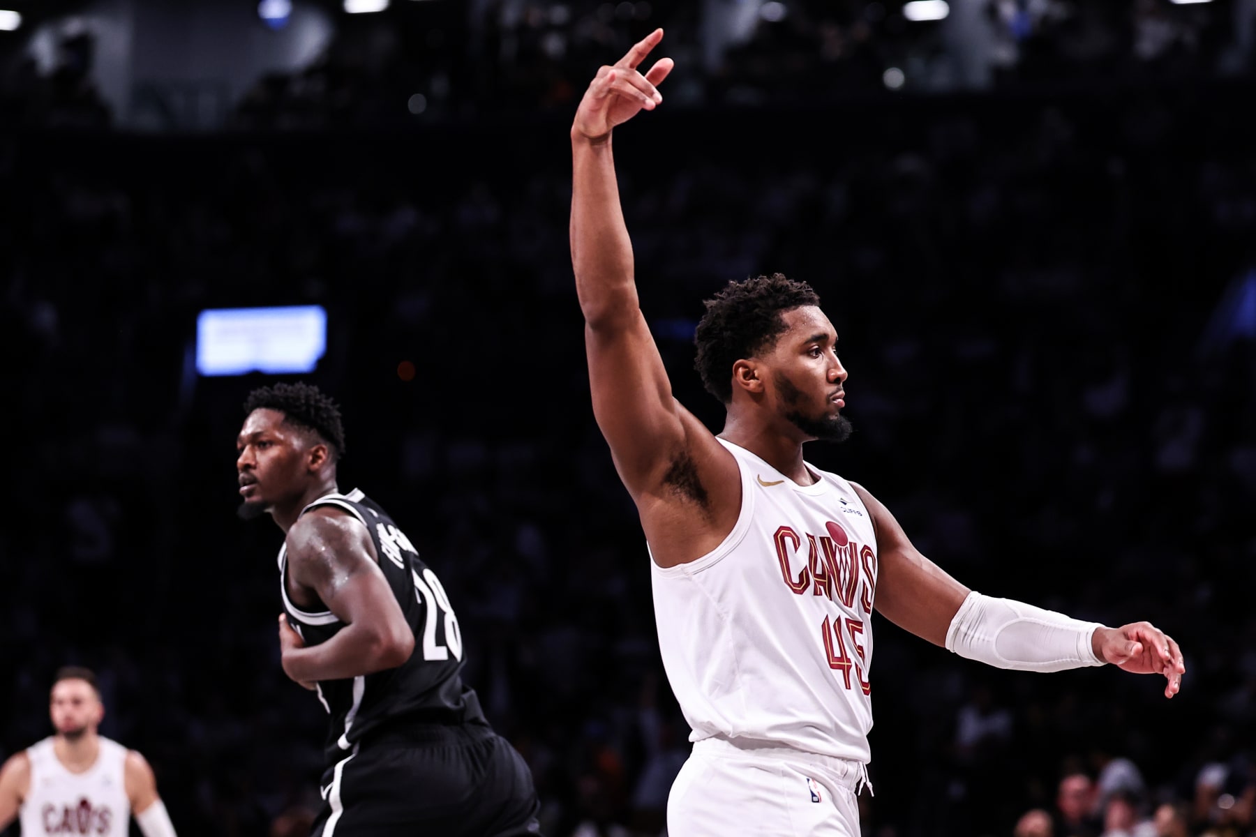 NEW YORK, NEW YORK - OCTOBER 25: Donovan Mitchell #45 of the Cleveland Cavaliers gesturs after making a three-pointer during the fourth quarter against the Brooklyn Nets at Barclays Center on October 25, 2023 in New York City. NOTE TO USER: User expressly acknowledges and agrees that, by downloading and or using this photograph, User is consenting to the terms and conditions of the Getty Images License Agreement. (Photo by Dustin Satloff/Getty Images)