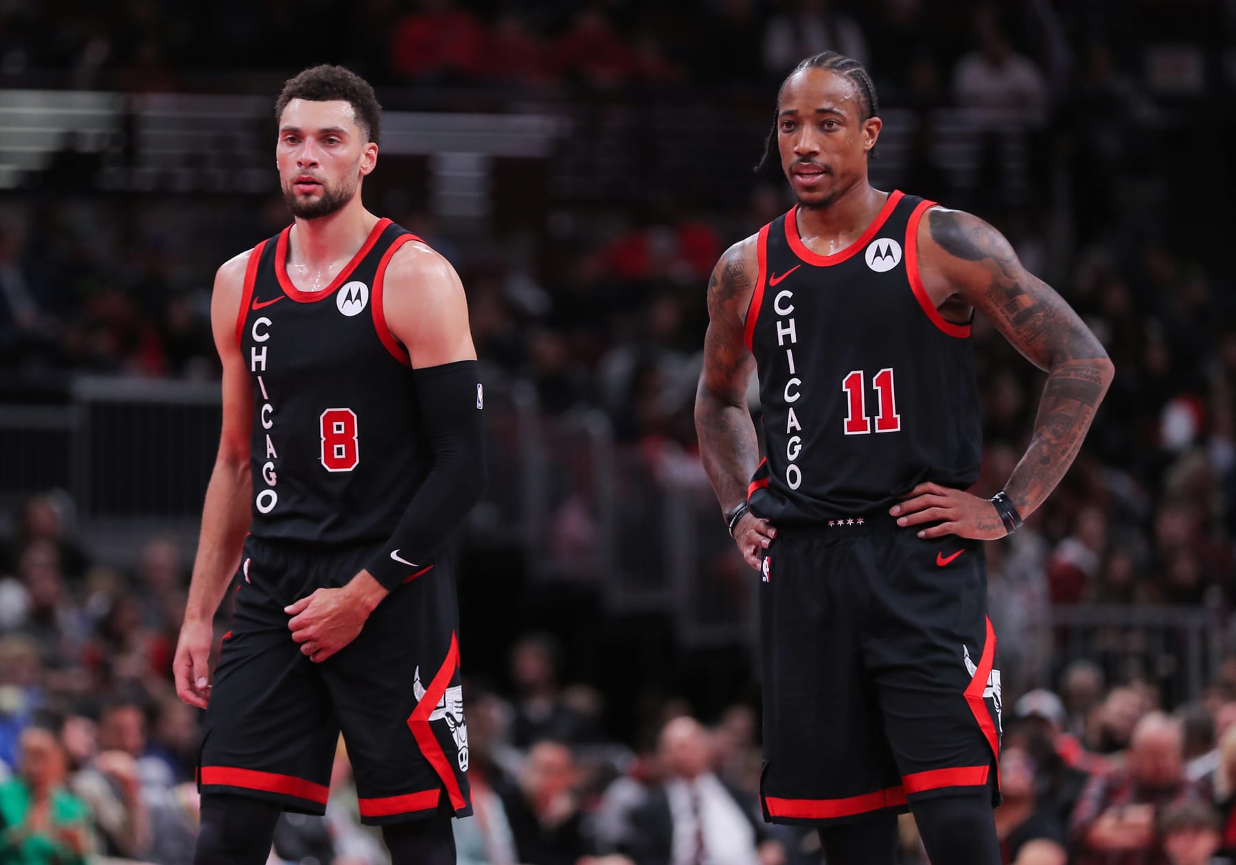 CHICAGO, IL - NOVEMBER 17: Zach LaVine #8 of the Chicago Bulls and DeMar DeRozan #11 of the Chicago Bulls against the Orlando Magic in the second half of the NBA In-Season Tournament at the United Center on November 17, 2023 in Chicago, Illinois.(Photo by Melissa Tamez/Icon Sportswire via Getty Images)