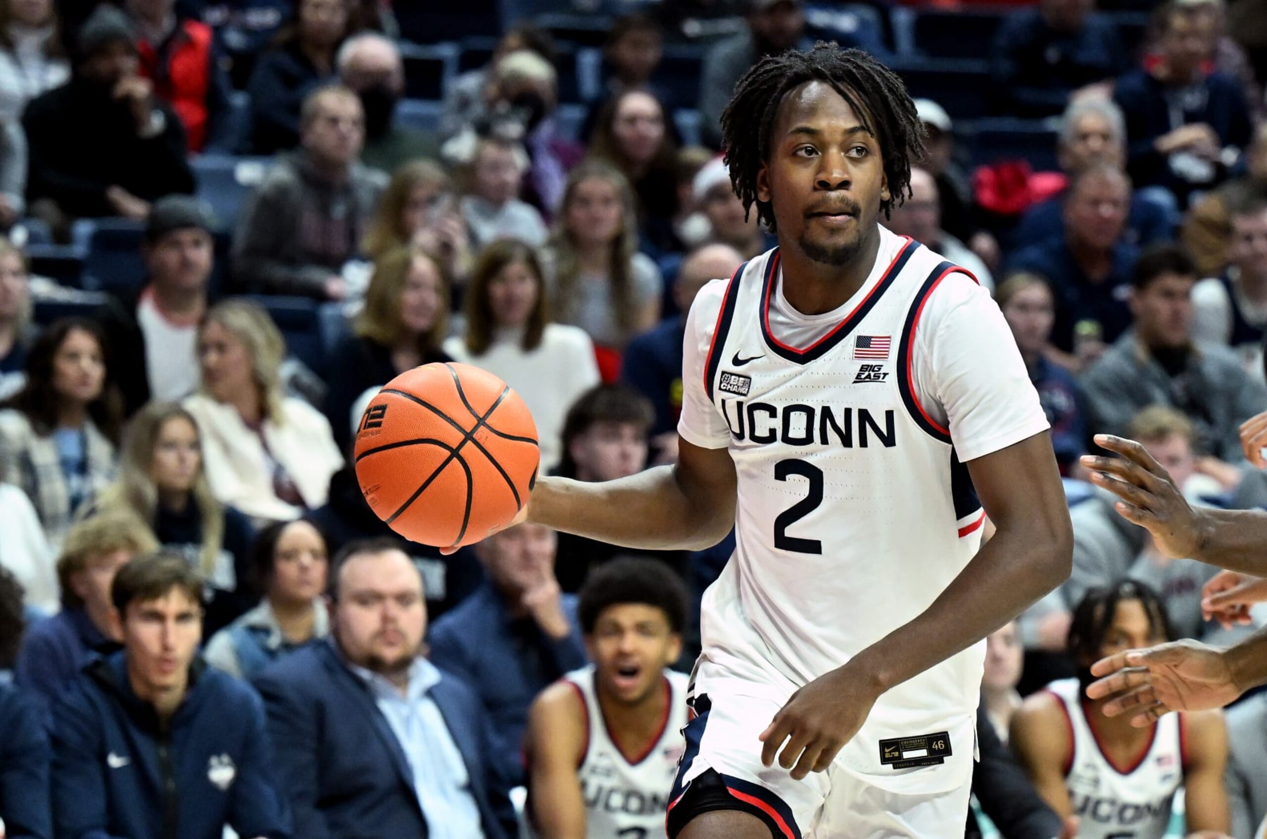 STORRS, CONNECTICUT - DECEMBER 09: Tristen Newton #2 of the Connecticut Huskies handles the ball against the Arkansas-Pine Bluff Golden Lions at Harry A. Gampel Pavilion on December 09, 2023 in Storrs, Connecticut. (Photo by G Fiume/Getty Images)