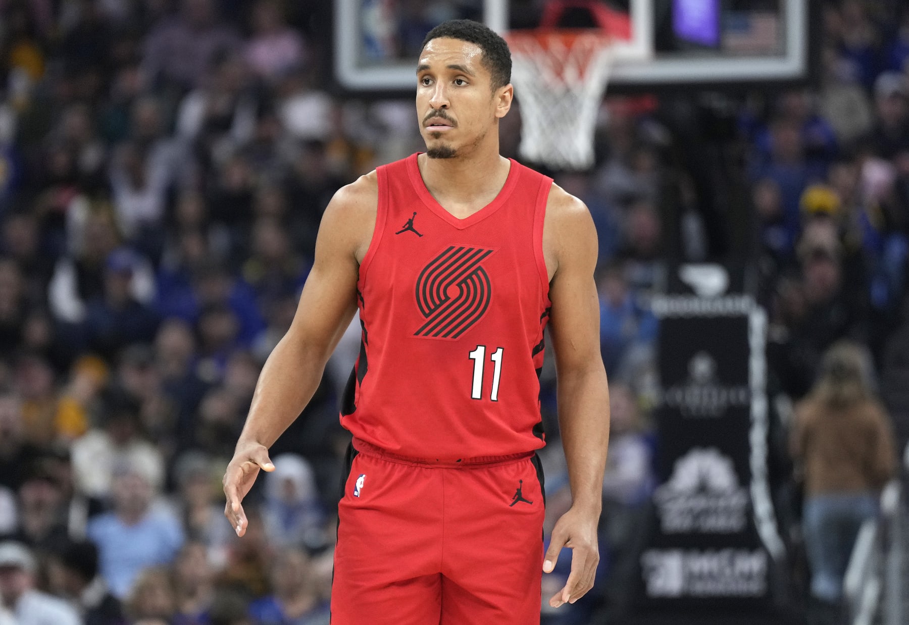 SAN FRANCISCO, CALIFORNIA - DECEMBER 23: Malcolm Brogdon #11 of the Portland Trail Blazers looks on against the Golden State Warriors during the first half of an NBA basketball game at Chase Center on December 23, 2023 in San Francisco, California. NOTE TO USER: User expressly acknowledges and agrees that, by downloading and or using this photograph, User is consenting to the terms and conditions of the Getty Images License Agreement. (Photo by Thearon W. Henderson/Getty Images)