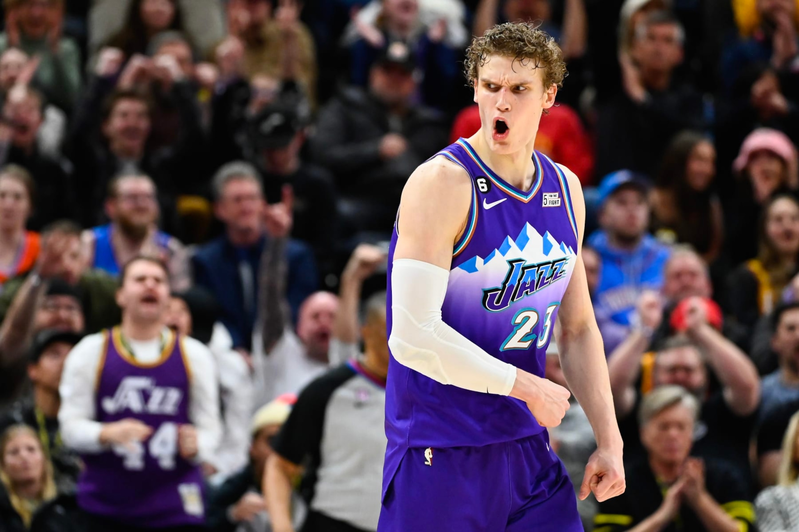 SALT LAKE CITY, UTAH - FEBRUARY 23: Lauri Markkanen #23 of the Utah Jazz celebrates a three point basket in overtime against the Oklahoma City Thunder at Vivint Arena on February 28, 2023 in Salt Lake City, Utah. NOTE TO USER: User expressly acknowledges and agrees that, by downloading and or using this photograph, User is consenting to the terms and conditions of the Getty Images License Agreement. (Photo by Alex Goodlett/Getty Images)
