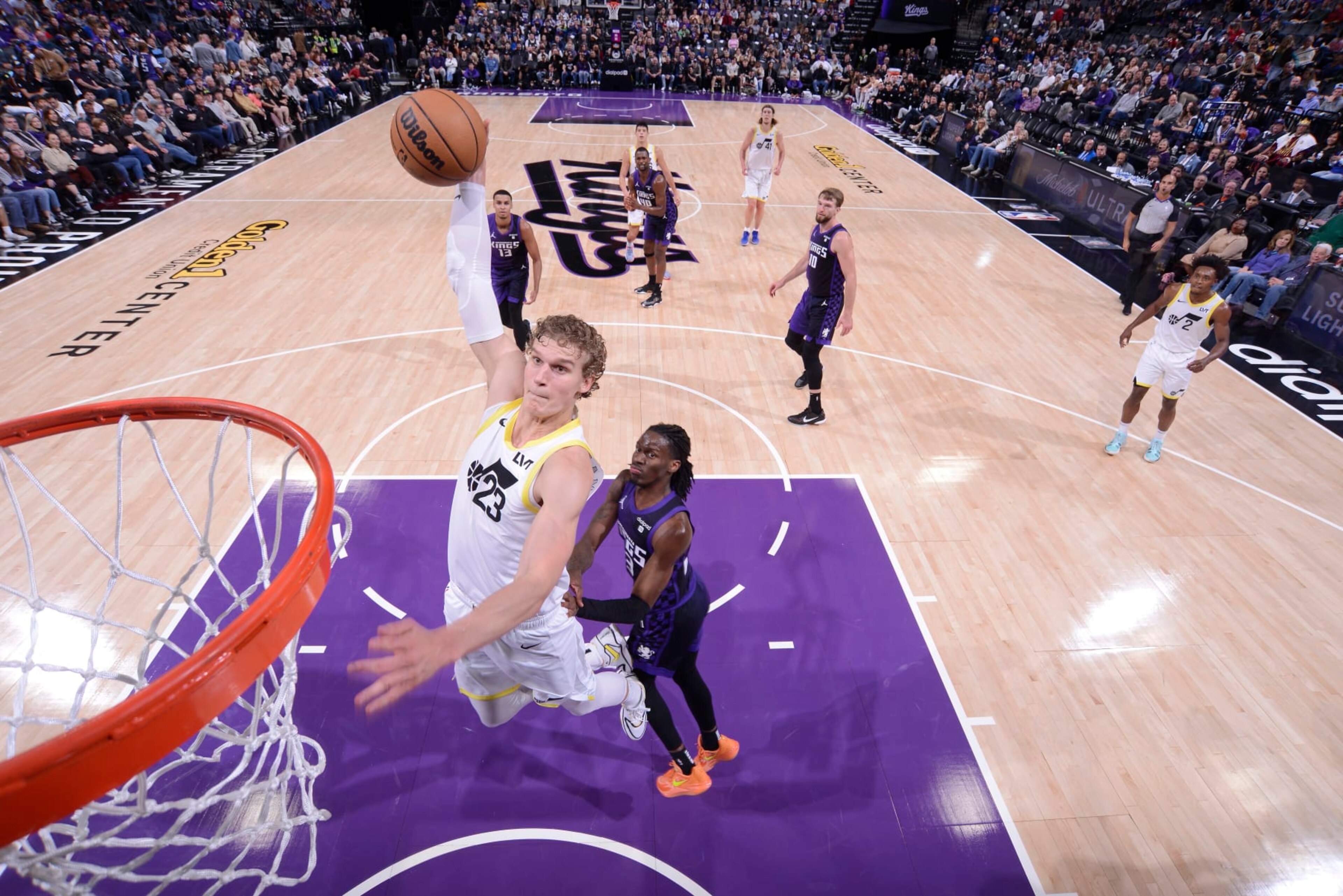 SACRAMENTO, CA - DECEMBER 16: Lauri Markkanen #23 of the Utah Jazz drives to the basket during the game against the Sacramento Kings on December 16, 2023 at Golden 1 Center in Sacramento, California. NOTE TO USER: User expressly acknowledges and agrees that, by downloading and or using this Photograph, user is consenting to the terms and conditions of the Getty Images License Agreement. Mandatory Copyright Notice: Copyright 2023 NBAE (Photo by Rocky Widner/NBAE via Getty Images)