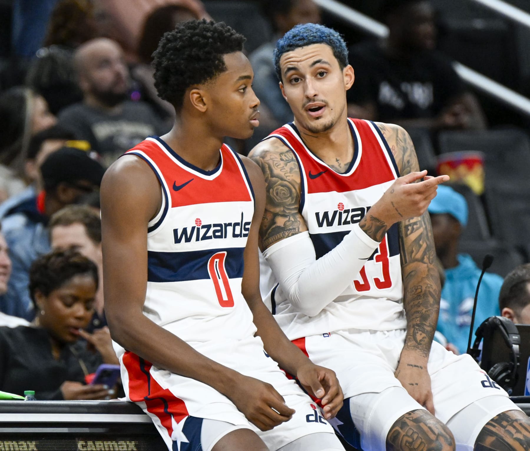 WASHINGTON, DC -OCTOBER 12: Washington Wizards forward Kyle Kuzma (33) talks with Bilal Coulibaly (0) during preseason action against the Charlotte Hornets  at Capital One Arena on October 12, 2023. (Photo by Jonathan Newton/The Washington Post via Getty Images)