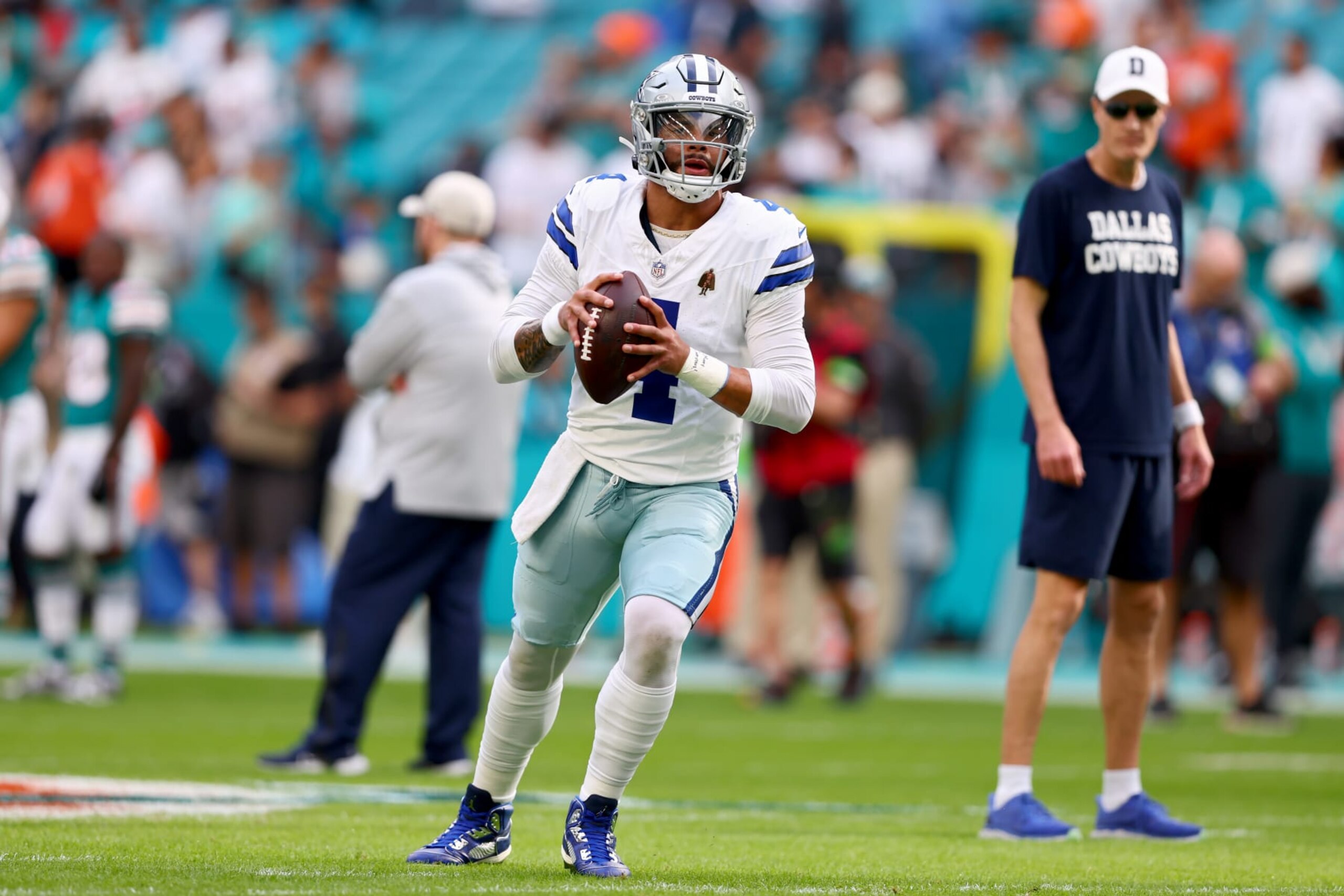 MIAMI GARDENS, FLORIDA - DECEMBER 24: Dak Prescott #4 of the Dallas Cowboys warms up prior to the game against the Miami Dolphins at Hard Rock Stadium on December 24, 2023 in Miami Gardens, Florida. (Photo by Megan Briggs/Getty Images)