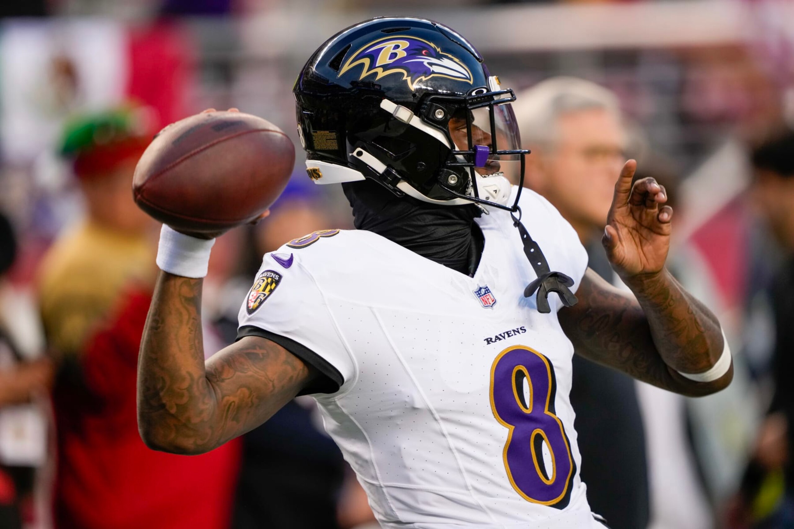 SANTA CLARA, CALIFORNIA - DECEMBER 25: s #8 of the Baltimore Ravens warms up prior to a game against the San Francisco 49ers at Levi's Stadium on December 25, 2023 in Santa Clara, California. (Photo by Thearon W. Henderson/Getty Images)