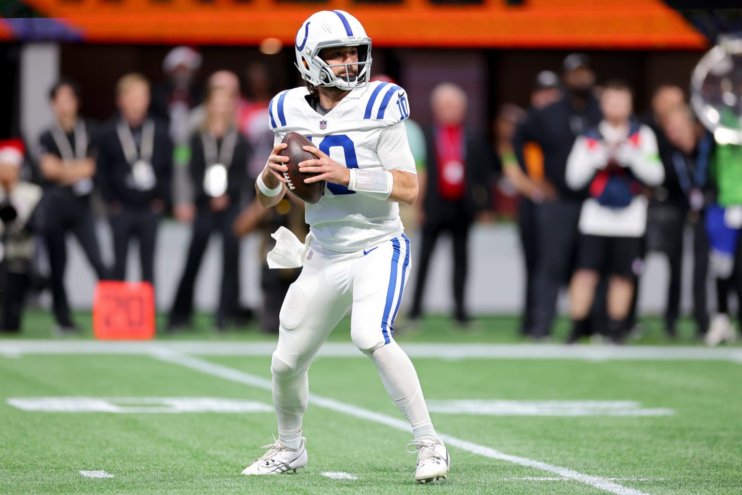 ATLANTA, GEORGIA - DECEMBER 24: Gardner Minshew #10 of the Indianapolis Colts looks to throw a pass during the first quarter In the game against the Atlanta Falcons at Mercedes-Benz Stadium on December 24, 2023 in Atlanta, Georgia. (Photo by Kevin C. Cox/Getty Images)