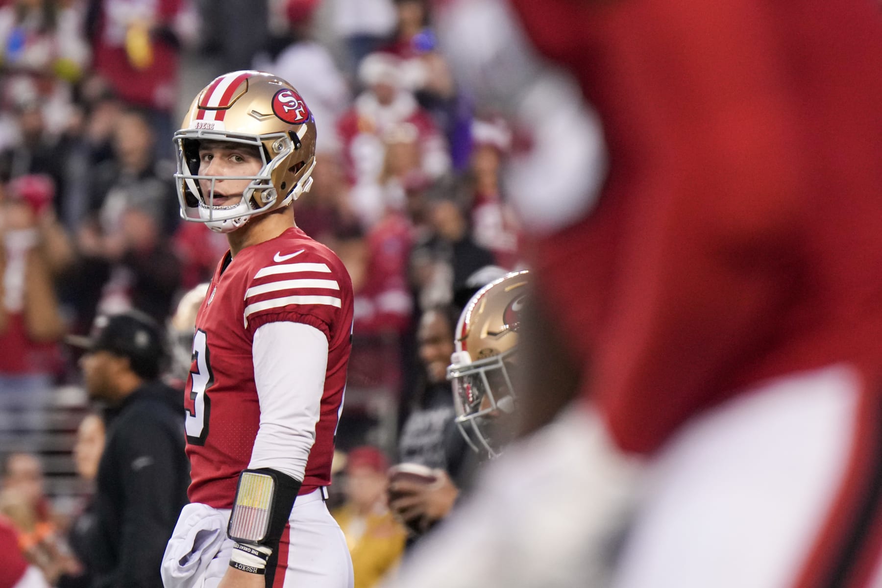 SANTA CLARA, CALIFORNIA - DECEMBER 25: Brock Purdy #13 of the San Francisco 49ers looks on prior to a game against the Baltimore Ravens at Levi's Stadium on December 25, 2023 in Santa Clara, California. (Photo by Loren Elliott/Getty Images) SANTA CLARA, CALIFORNIA - DECEMBER 25: Brock Purdy #13 of the San Francisco 49ers looks on prior to a game against the Baltimore Ravens at Levi's Stadium on December 25, 2023 in Santa Clara, California. (Photo by Loren Elliott/Getty Images)