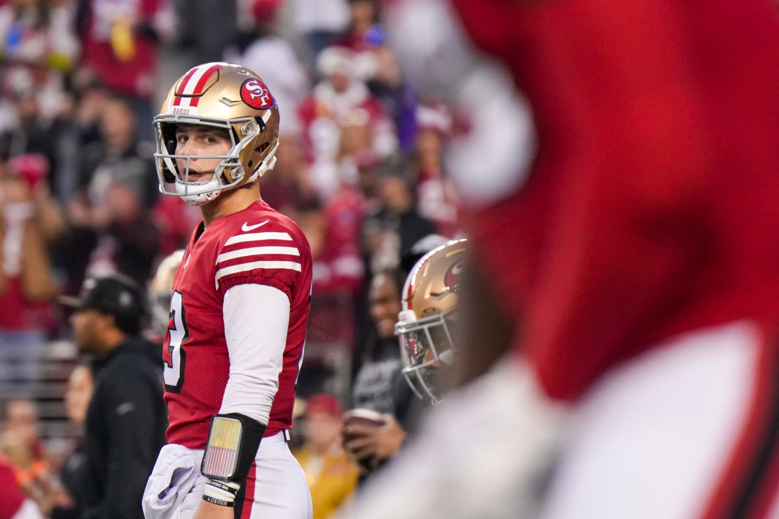 SANTA CLARA, CALIFORNIA - DECEMBER 25: Brock Purdy #13 of the San Francisco 49ers looks on prior to a game against the Baltimore Ravens at Levi's Stadium on December 25, 2023 in Santa Clara, California. (Photo by Loren Elliott/Getty Images) SANTA CLARA, CALIFORNIA - DECEMBER 25: Brock Purdy #13 of the San Francisco 49ers looks on prior to a game against the Baltimore Ravens at Levi's Stadium on December 25, 2023 in Santa Clara, California. (Photo by Loren Elliott/Getty Images)