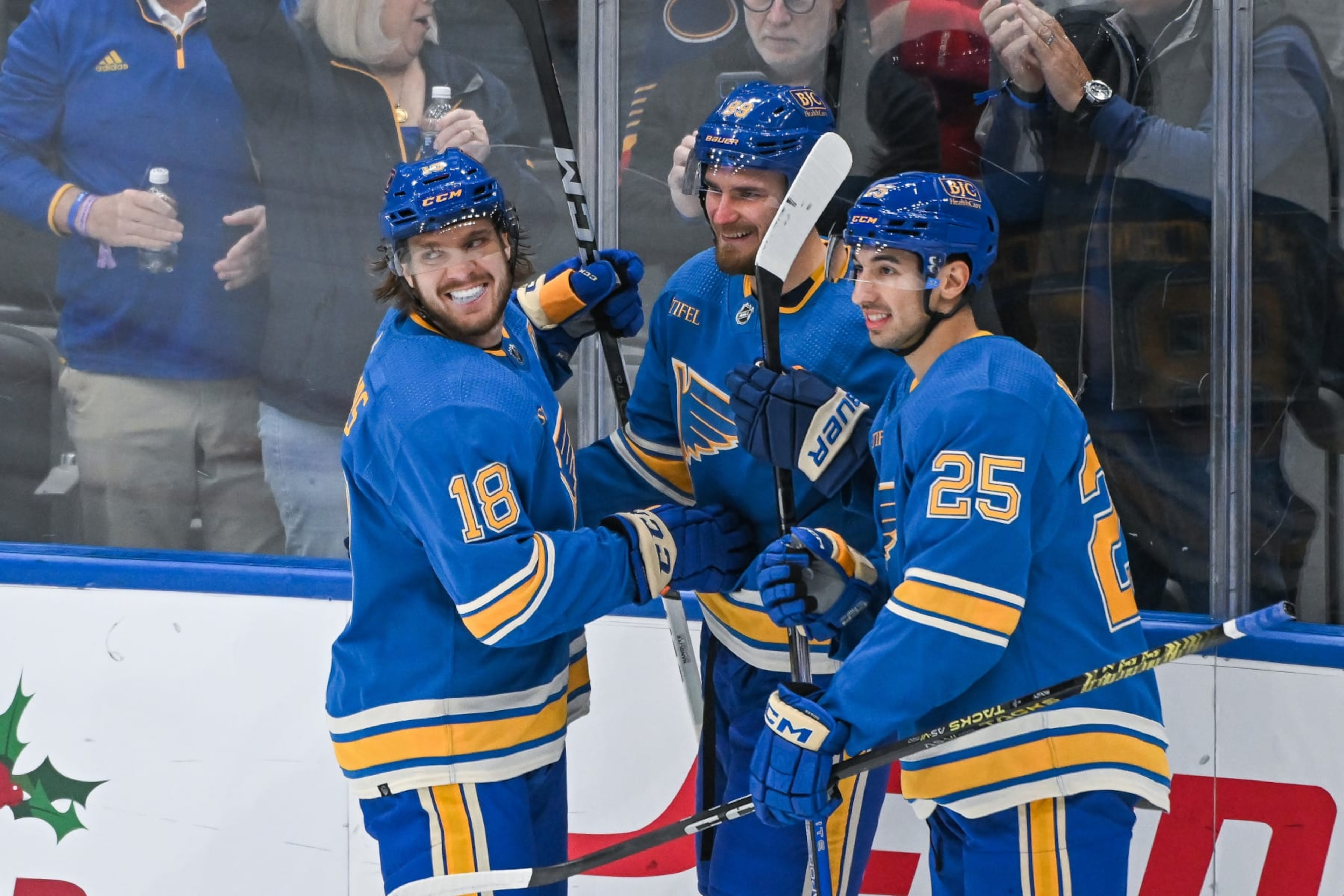 ST. LOUIS, MO - December 23: St. Louis Blues center Robert Thomas (18) is all smiles after scoring his goal and celebrating with St. Louis Blues left wing Pavel Buchnevich (89) and St. Louis Blues center Jordan Kyrou (25) during a regular season game between the Chicago Blackhawks and the St. Louis Blues on December 23, 2023, at the Enterprise Center in St. Louis MO (Photo by Rick Ulreich/Icon Sportswire via Getty Images) ST. LOUIS, MO - December 23: St. Louis Blues center Robert Thomas (18) is all smiles after scoring his goal and celebrating with St. Louis Blues left wing Pavel Buchnevich (89) and St. Louis Blues center Jordan Kyrou (25) during a regular season game between the Chicago Blackhawks and the St. Louis Blues on December 23, 2023, at the Enterprise Center in St. Louis MO (Photo by Rick Ulreich/Icon Sportswire via Getty Images)
