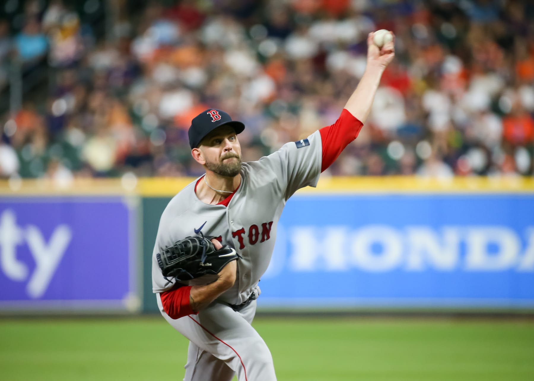 HOUSTON, TX - AUGUST 21:  Boston Red Sox starting pitcher James Paxton (65) throws a pitch in the bottom of the second inning during the MLB game between the Boston Red Sox and Houston Astros on August 21, 2023 at Minute Maid Park in Houston, Texas.  (Photo by Leslie Plaza Johnson/Icon Sportswire via Getty Images)