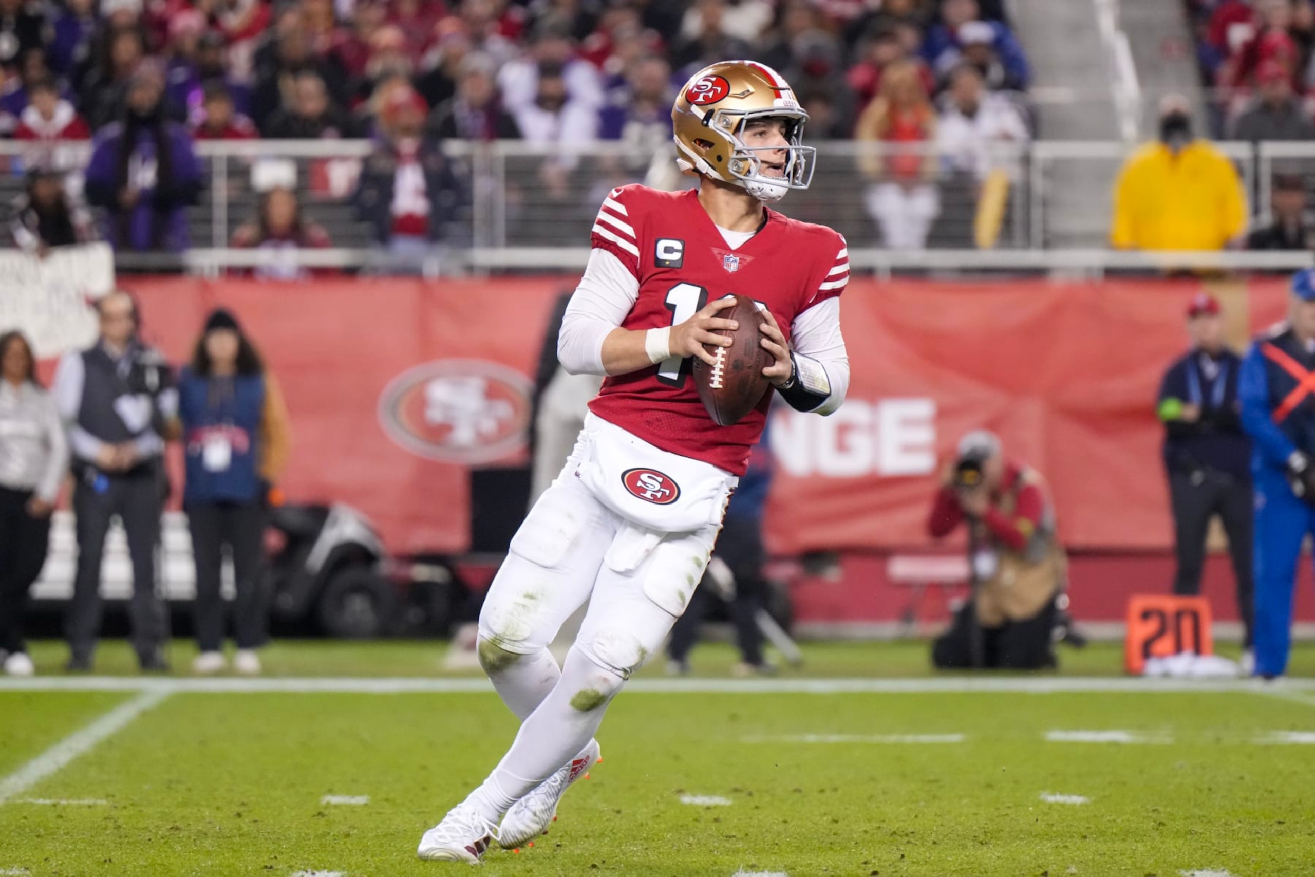 SANTA CLARA, CALIFORNIA - DECEMBER 25: Brock Purdy #13 of the San Francisco 49ers attempts a pass during the third quarter against the Baltimore Ravens at Levi's Stadium on December 25, 2023 in Santa Clara, California. (Photo by Loren Elliott/Getty Images) SANTA CLARA, CALIFORNIA - DECEMBER 25: Brock Purdy #13 of the San Francisco 49ers attempts a pass during the third quarter against the Baltimore Ravens at Levi's Stadium on December 25, 2023 in Santa Clara, California. (Photo by Loren Elliott/Getty Images)