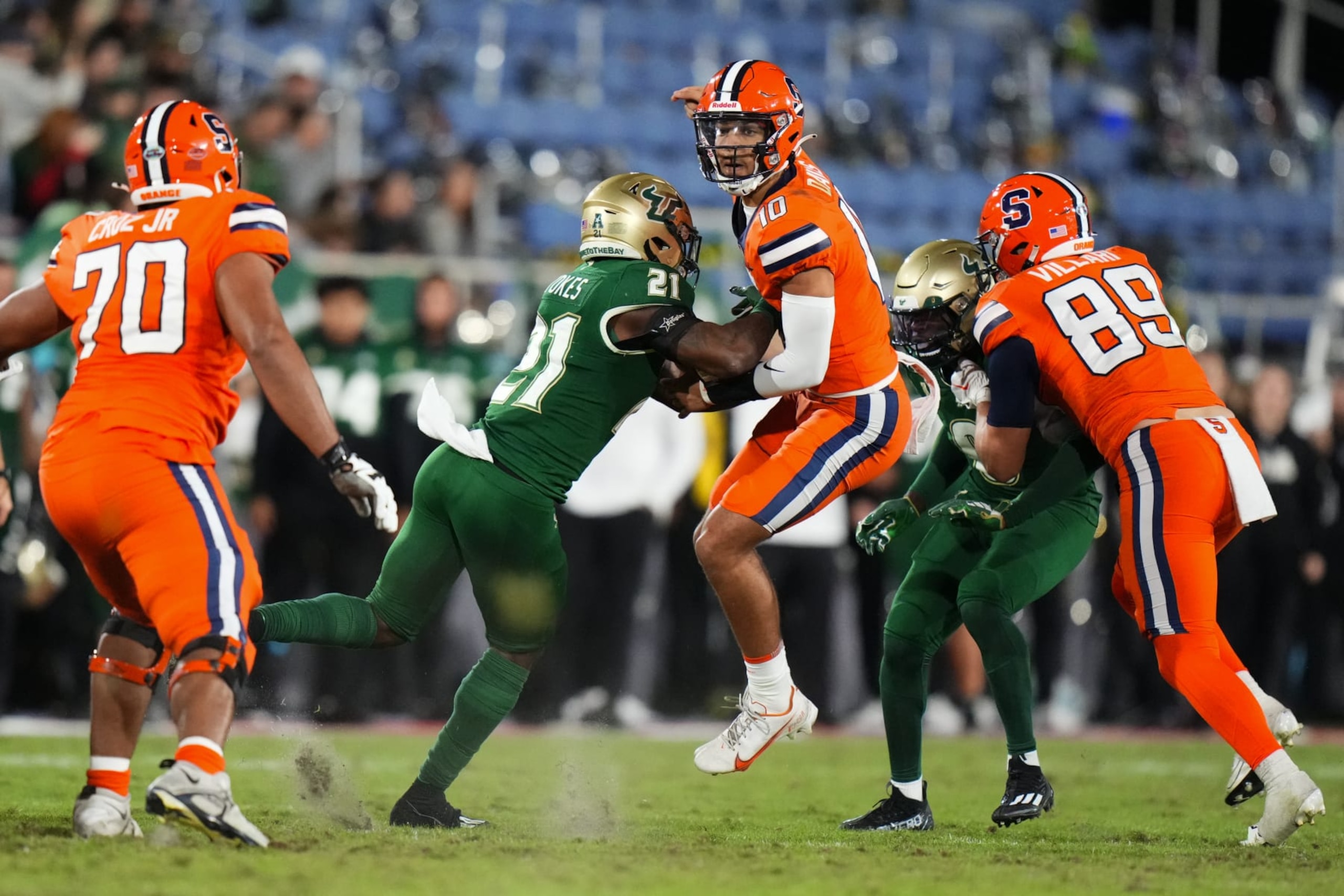 BOCA RATON, FLORIDA - DECEMBER 21: Braden Davis #10 of the Syracuse Orange throws a pass against the South Florida Bulls during the second quarter in the RoofClaim.com Boca Raton Bowl game at FAU Stadium on December 21, 2023 in Boca Raton, Florida. (Photo by Rich Storry/Getty Images) BOCA RATON, FLORIDA - DECEMBER 21: Braden Davis #10 of the Syracuse Orange throws a pass against the South Florida Bulls during the second quarter in the RoofClaim.com Boca Raton Bowl game at FAU Stadium on December 21, 2023 in Boca Raton, Florida. (Photo by Rich Storry/Getty Images)