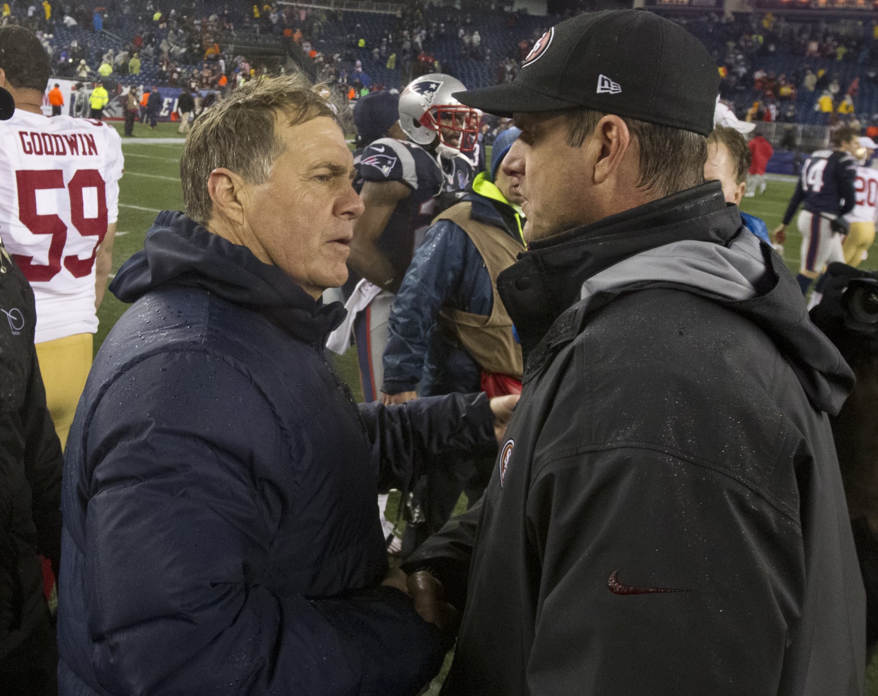 FOXBOROUGH, MA - DECEMBER 16: New England Patriots head coach Bill Belichick shakes hands with San Francisco 49ers head coach Jim Harbaugh after the 49ers defeated the Patriots 41-34 at Gillette Stadium on  Sunday, Dec. 16, 2012. (Photo by Matthew J. Lee/The Boston Globe via Getty Images)