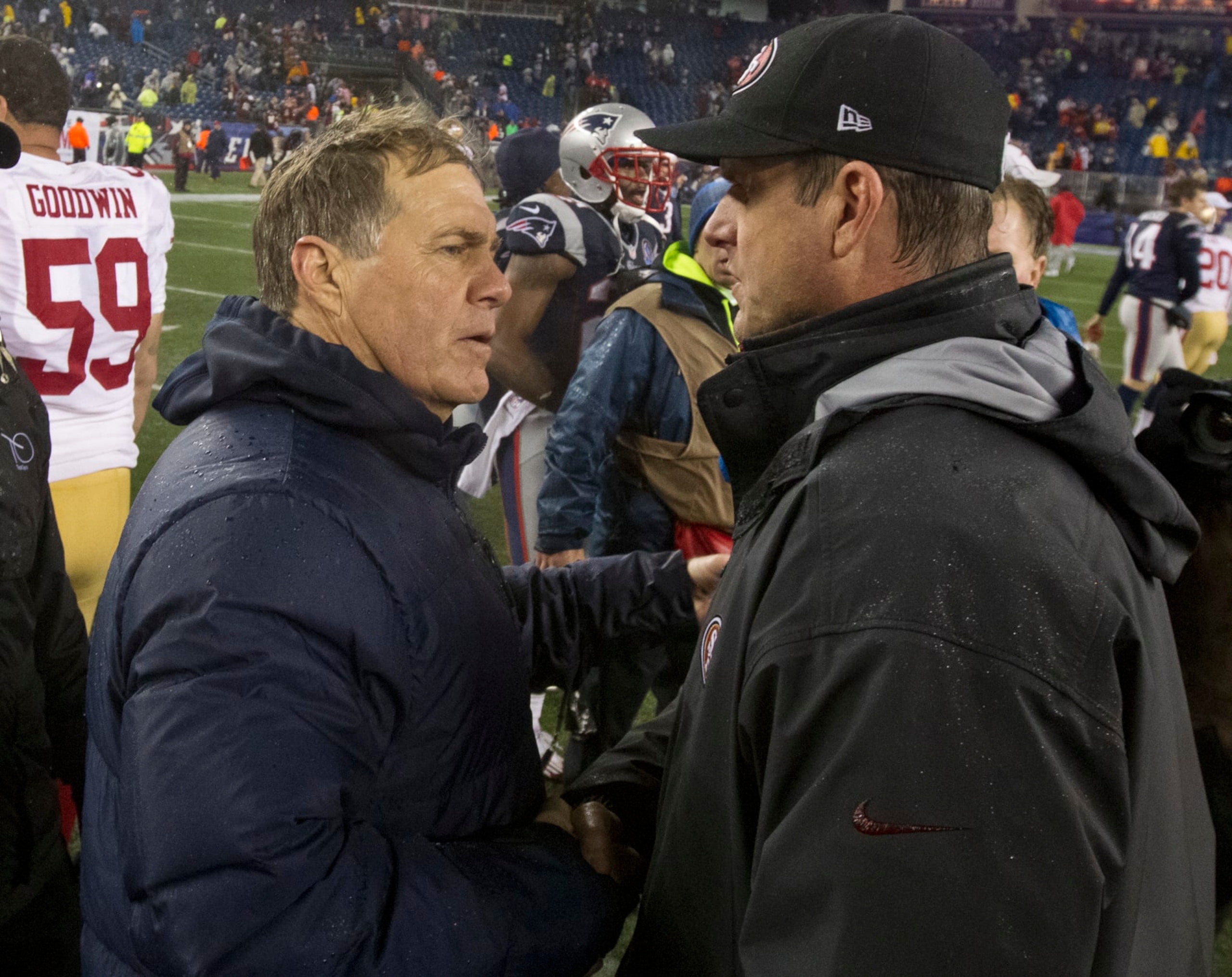 FOXBOROUGH, MA - DECEMBER 16: New England Patriots head coach Bill Belichick shakes hands with San Francisco 49ers head coach Jim Harbaugh after the 49ers defeated the Patriots 41-34 at Gillette Stadium on  Sunday, Dec. 16, 2012. (Photo by Matthew J. Lee/The Boston Globe via Getty Images)