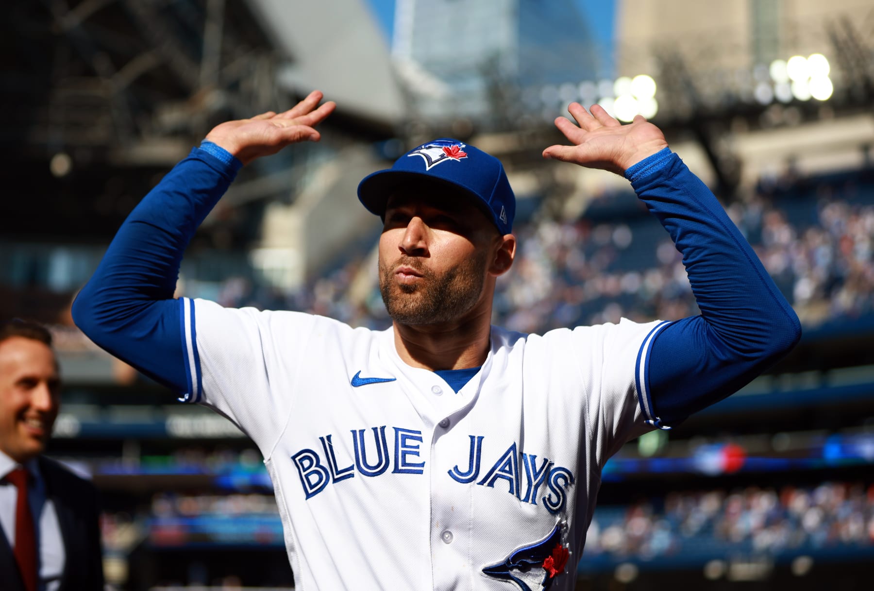TORONTO, ON - SEPTEMBER 10:  Kevin Kiermaier #39 of the Toronto Blue Jays speaks to the fans following the win against the Kansas City Royals at Rogers Centre on September 10, 2023 in Toronto, Ontario, Canada.  (Photo by Vaughn Ridley/Getty Images)