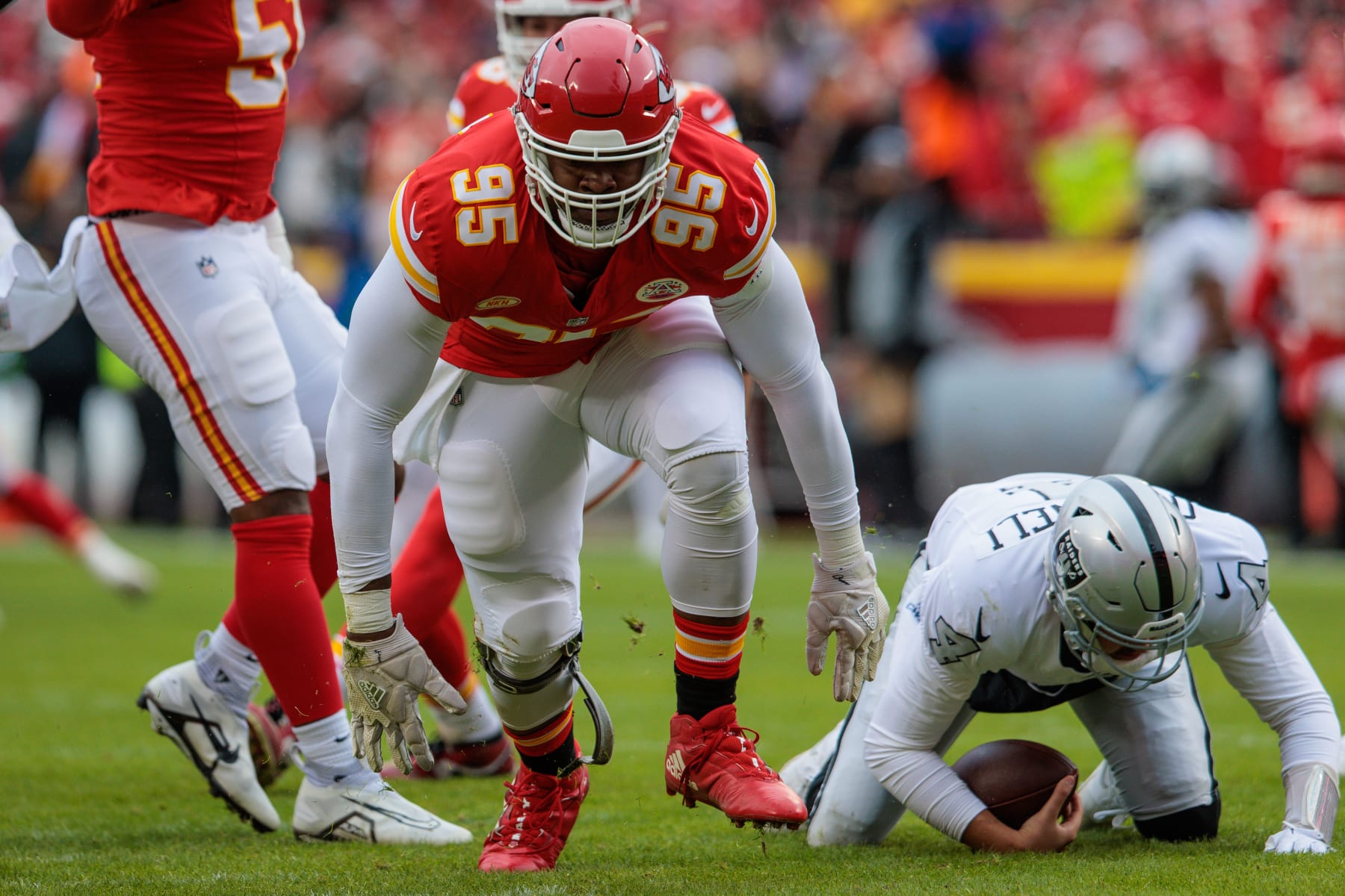 KANSAS CITY, MO - DECEMBER 25: Kansas City Chiefs defensive tackle Chris Jones (95) reacts after a sack during the first half against the Las Vegas Raiders on December 25th, 2023 at Arrowhead Stadium in Kansas City, Missouri. (Photo by William Purnell/Icon Sportswire via Getty Images)
