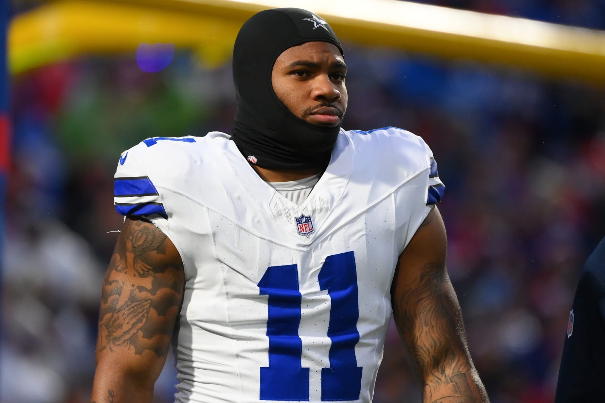 ORCHARD PARK, NEW YORK - DECEMBER 17: Micah Parsons #11 of the Dallas Cowboys walks on the field prior to the game against the Buffalo Bills at Highmark Stadium on December 17, 2023 in Orchard Park, New York. The Bills won 31-10. (Photo by Rich Barnes/Getty Images)