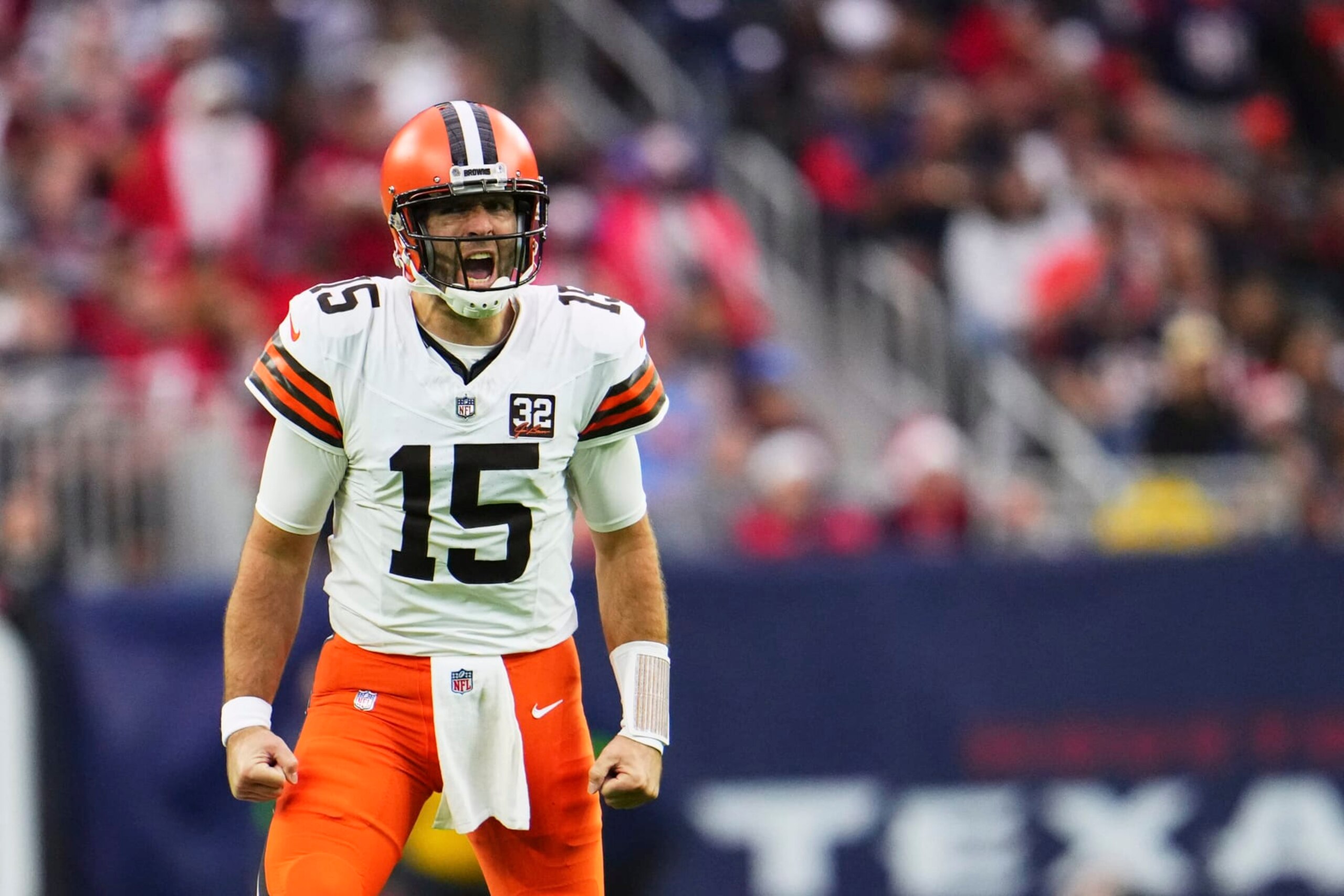 HOUSTON, TX - DECEMBER 24: Joe Flacco #15 of the Cleveland Browns celebrates after a touchdown against the Houston Texans during the first half at NRG Stadium on December 24, 2023 in Houston, Texas. (Photo by Cooper Neill/Getty Images)