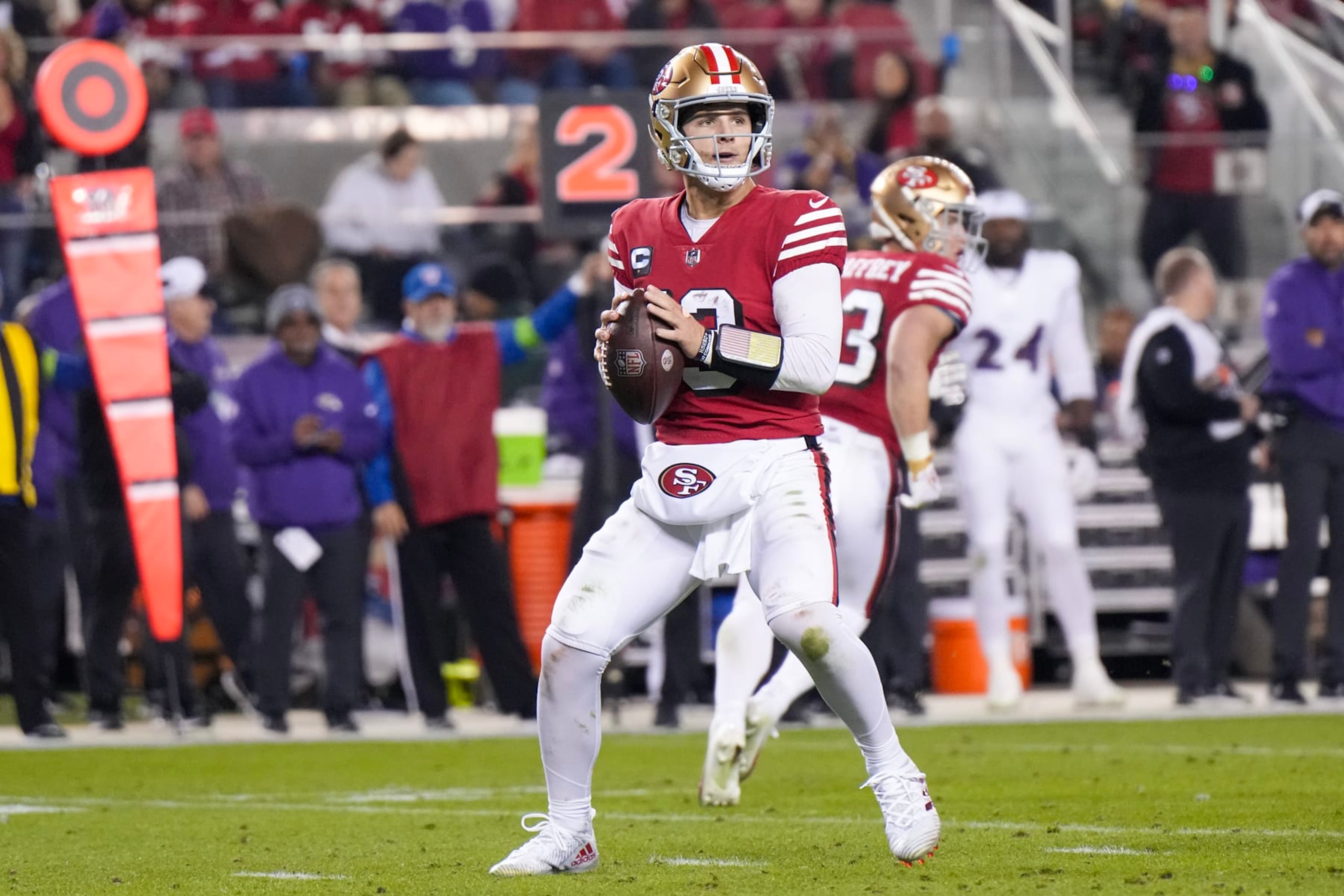 SANTA CLARA, CALIFORNIA - DECEMBER 25: Brock Purdy #13 of the San Francisco 49ers attempts a pass during the second quarter against the Baltimore Ravens at Levi's Stadium on December 25, 2023 in Santa Clara, California. (Photo by Loren Elliott/Getty Images) SANTA CLARA, CALIFORNIA - DECEMBER 25: Brock Purdy #13 of the San Francisco 49ers attempts a pass during the second quarter against the Baltimore Ravens at Levi's Stadium on December 25, 2023 in Santa Clara, California. (Photo by Loren Elliott/Getty Images)