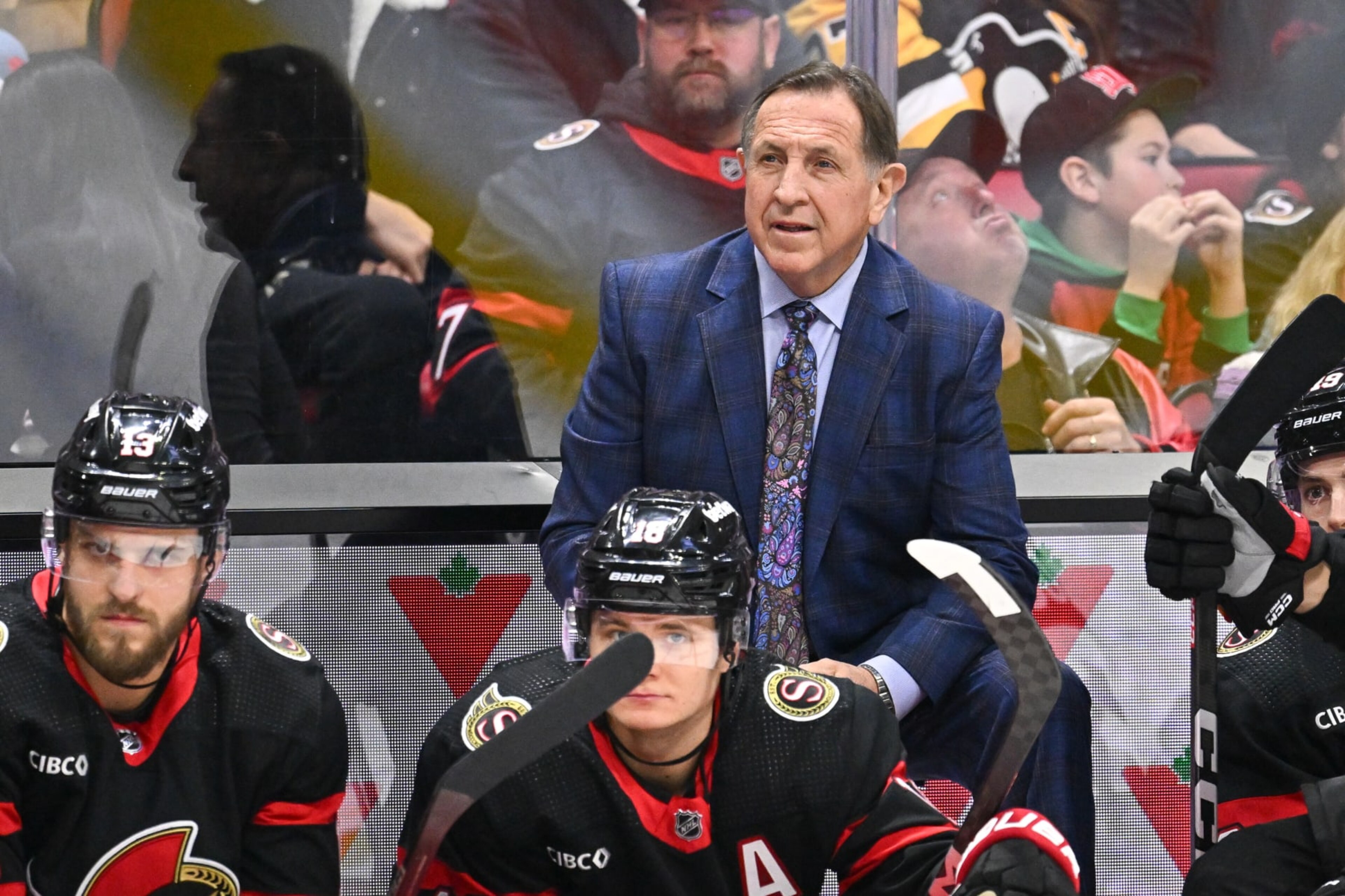OTTAWA, CANADA - DECEMBER 23: Interim head coach Jacques Martin of the Ottawa Senators handles bench duties during the first period Pittsburgh Penguins at Canadian Tire Centre on December 23, 2023 in Ottawa, Ontario, Canada. (Photo by Minas Panagiotakis/Getty Images) OTTAWA, CANADA - DECEMBER 23: Interim head coach Jacques Martin of the Ottawa Senators handles bench duties during the first period Pittsburgh Penguins at Canadian Tire Centre on December 23, 2023 in Ottawa, Ontario, Canada. (Photo by Minas Panagiotakis/Getty Images)