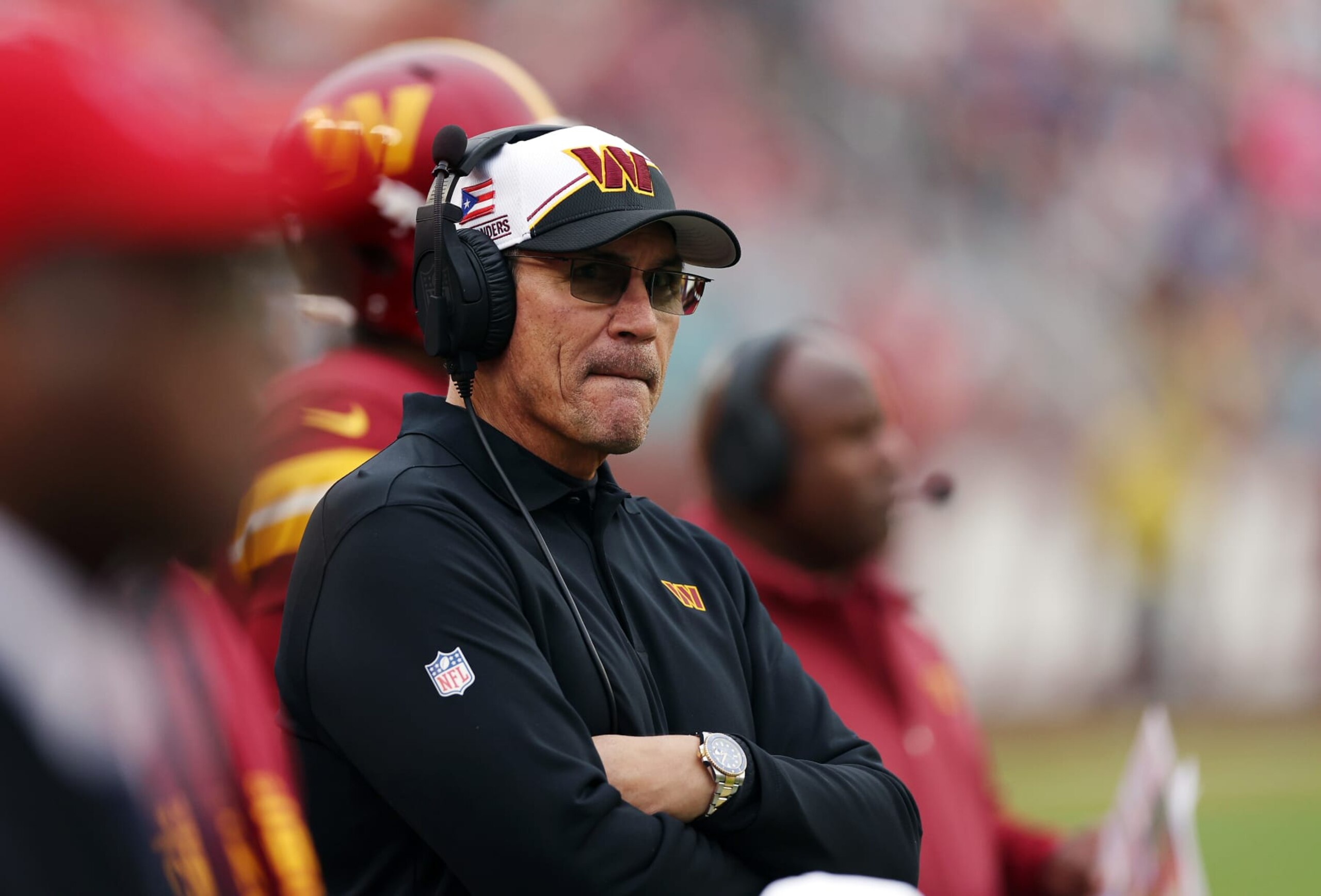 LANDOVER, MARYLAND - DECEMBER 03: Head coach Ron Rivera of the Washington Commanders looks on during the second half of the game against the Miami Dolphins at FedExField on December 03, 2023 in Landover, Maryland. (Photo by Patrick Smith/Getty Images)