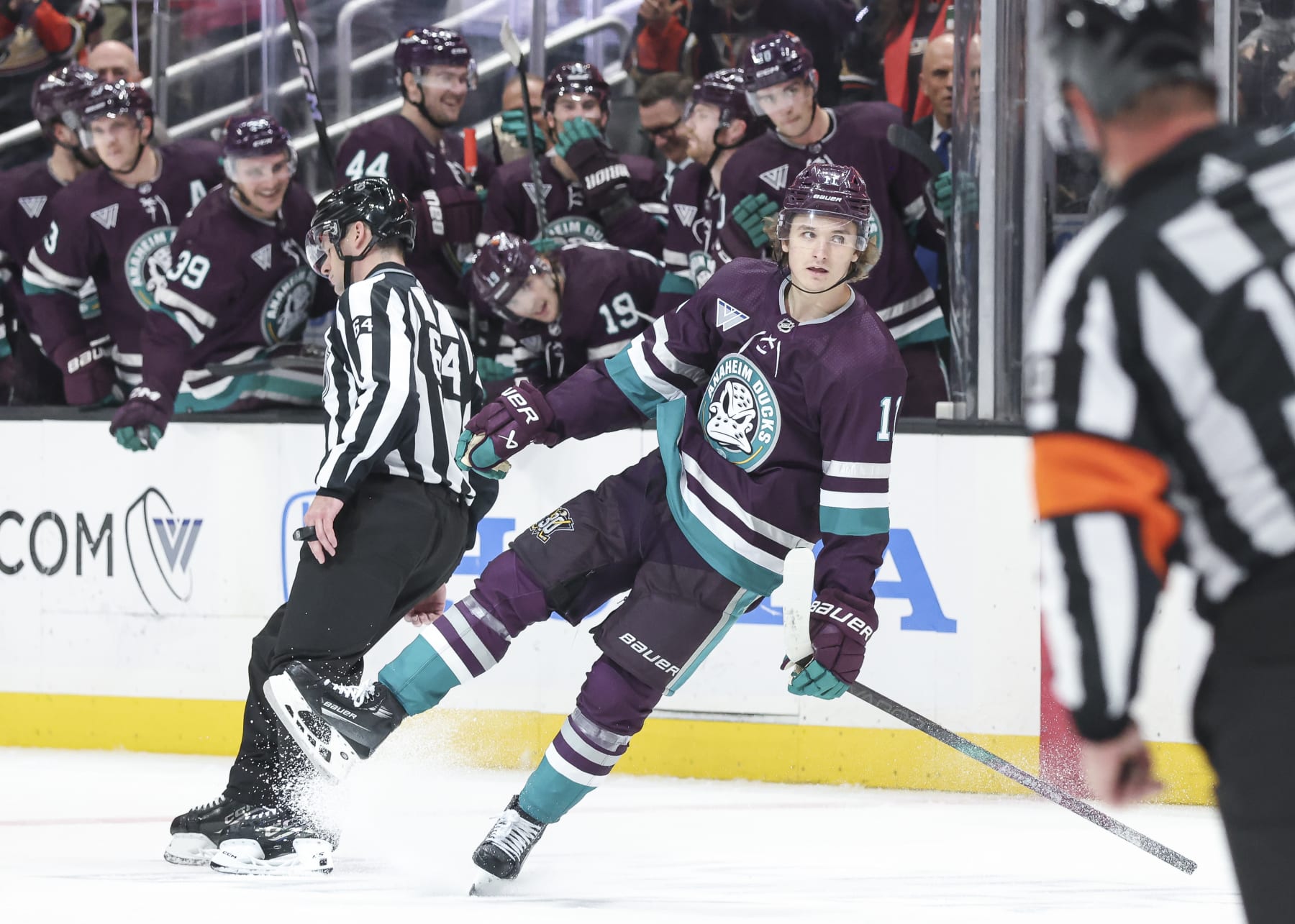 ANAHEIM, CA - DECEMBER 23: Trevor Zegras #11 of the Anaheim Ducks celebrates his third-period goal during the game against the Seattle Kraken at Honda Center on December 23, 2023 in Anaheim, California. (Photo by Debora Robinson/NHLI via Getty Images)