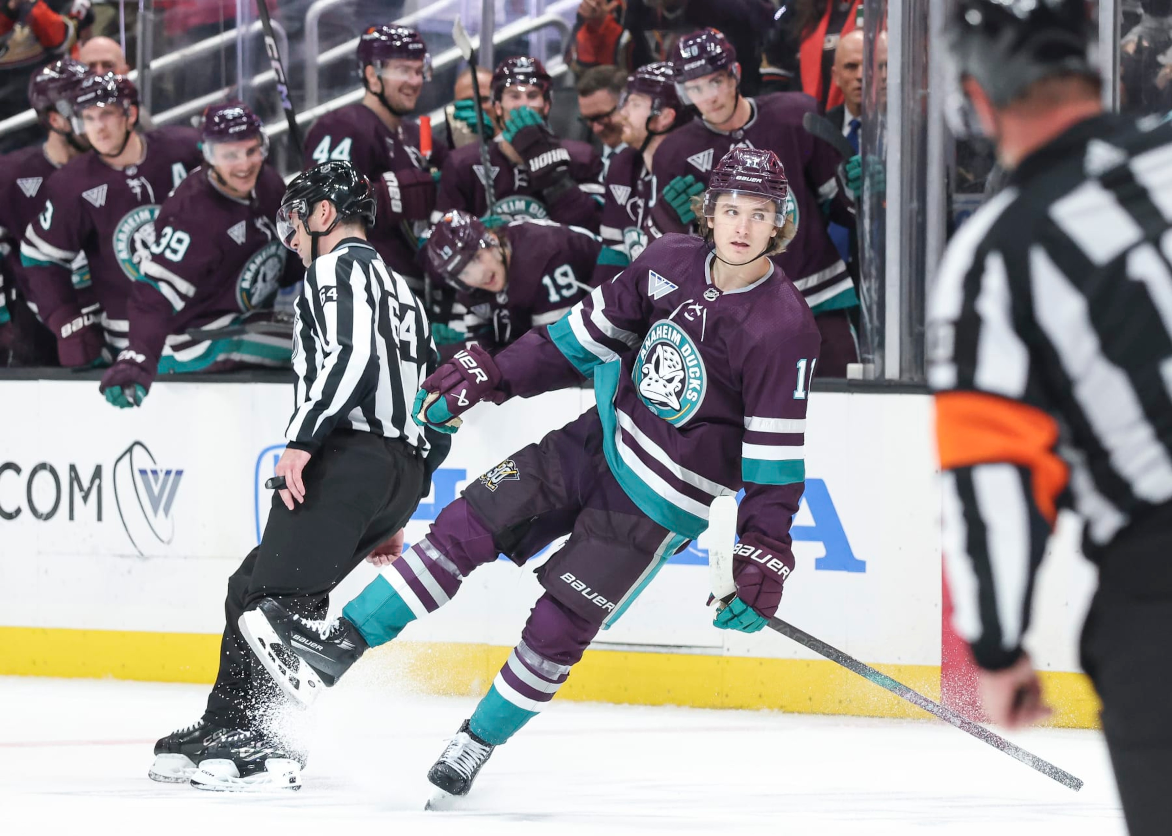 ANAHEIM, CA - DECEMBER 23: Trevor Zegras #11 of the Anaheim Ducks celebrates his third-period goal during the game against the Seattle Kraken at Honda Center on December 23, 2023 in Anaheim, California. (Photo by Debora Robinson/NHLI via Getty Images) ANAHEIM, CA - DECEMBER 23: Trevor Zegras #11 of the Anaheim Ducks celebrates his third-period goal during the game against the Seattle Kraken at Honda Center on December 23, 2023 in Anaheim, California. (Photo by Debora Robinson/NHLI via Getty Images)