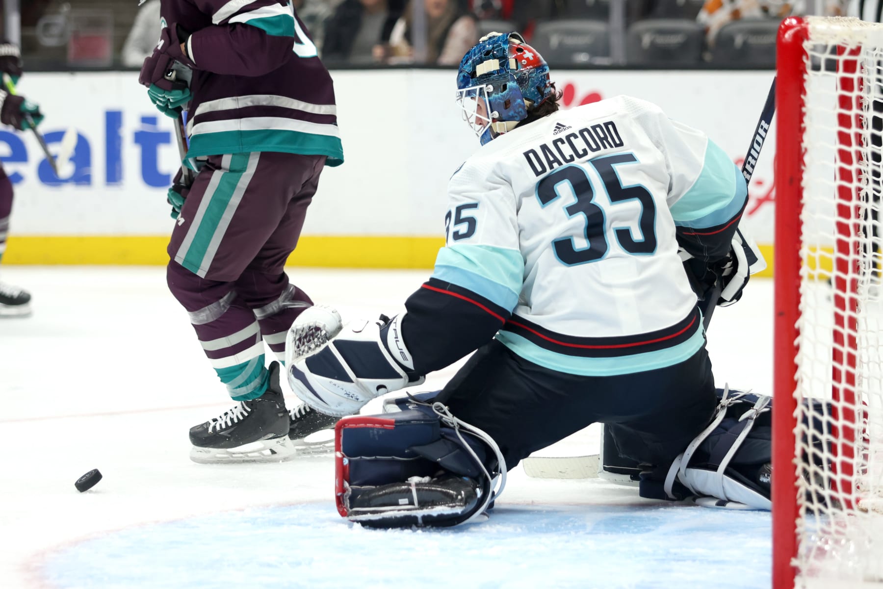 ANAHEIM, CALIFORNIA - DECEMBER 23: Joey Daccord #35 of the Seattle Kraken defends the net in the second period during the game against the Anaheim Ducks at Honda Center on December 23, 2023 in Anaheim, California. (Photo by Nicole Vasquez /NHLI via Getty Images)