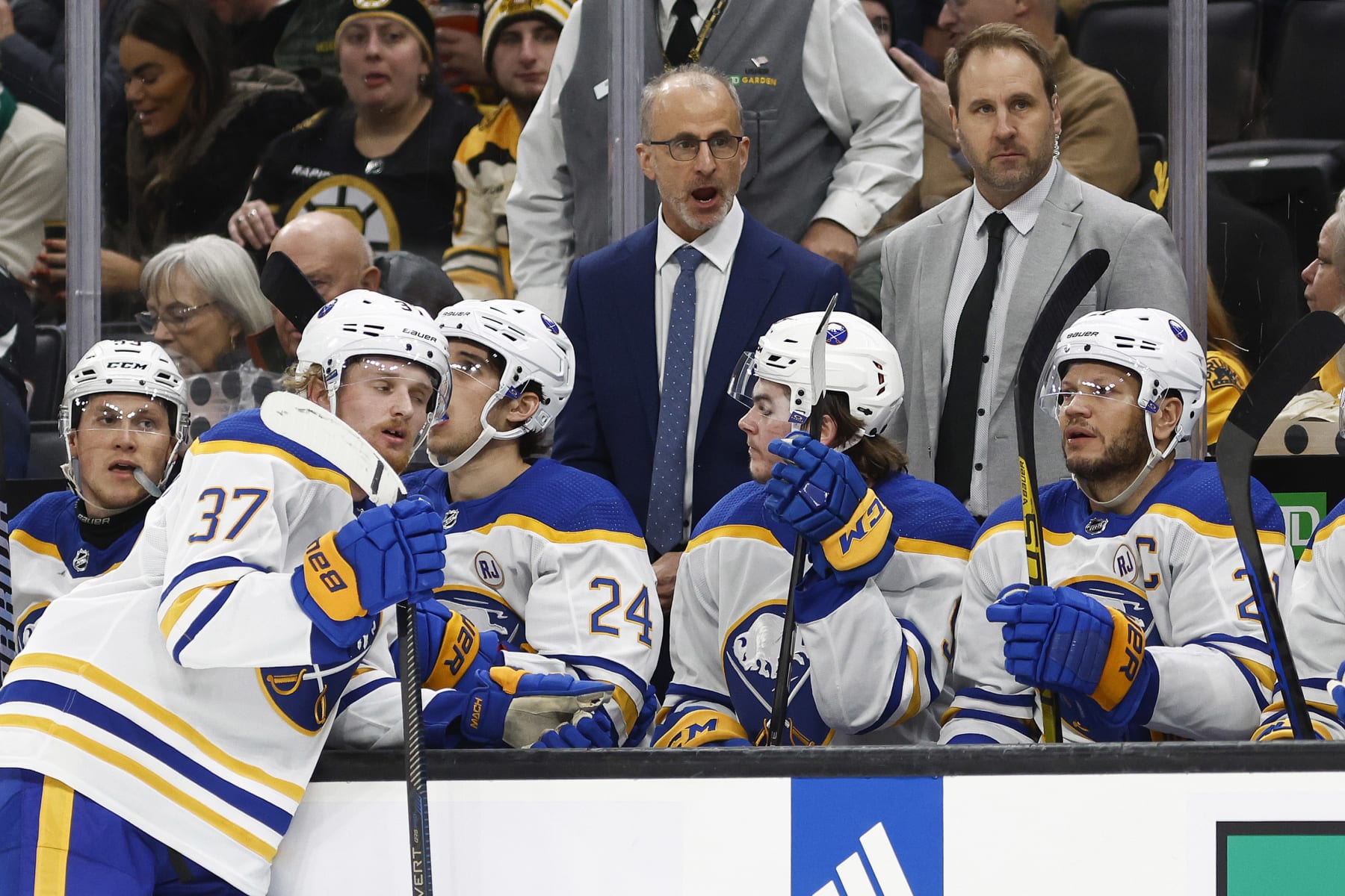 BOSTON, MA - DECEMBER 8: Buffalo Sabres head coach Don Granato talks to his players against the Boston Bruins during the game at TD Garden on December 8, 2023 in Boston, Massachusetts. (Photo By Winslow Townson/Getty Images)
