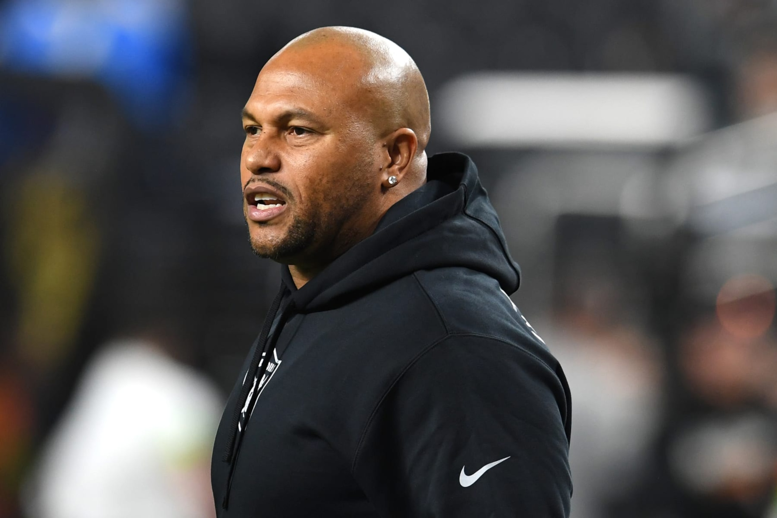 LAS VEGAS, NEVADA - DECEMBER 14: Interim head coach Antonio Pierce of the Las Vegas Raiders looks on before playing against the Los Angeles Chargers at Allegiant Stadium on December 14, 2023 in Las Vegas, Nevada. (Photo by Candice Ward/Getty Images) LAS VEGAS, NEVADA - DECEMBER 14: Interim head coach Antonio Pierce of the Las Vegas Raiders looks on before playing against the Los Angeles Chargers at Allegiant Stadium on December 14, 2023 in Las Vegas, Nevada. (Photo by Candice Ward/Getty Images)