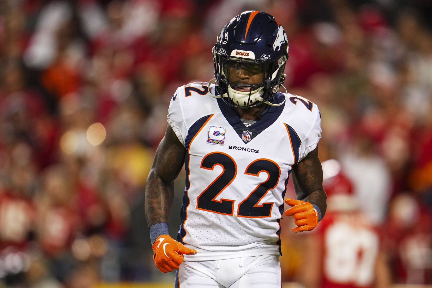 KANSAS CITY, MO - OCTOBER 12: Kareem Jackson #22 of the Denver Broncos runs across the field during an NFL football game against the Kansas City Chiefs at GEHA Field at Arrowhead Stadium on October 12, 2023 in Kansas City, Missouri. (Photo by Cooper Neill/Getty Images)