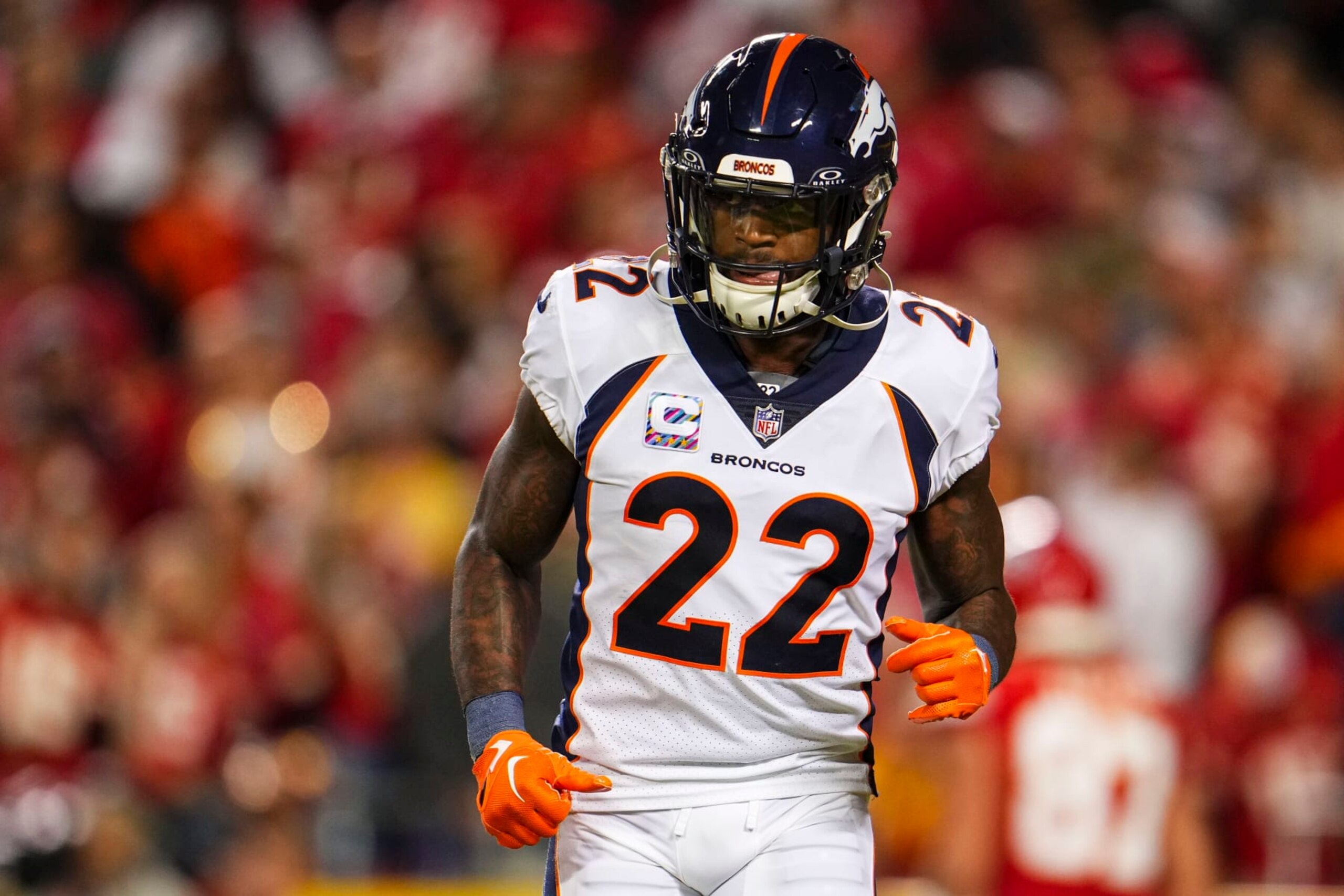 KANSAS CITY, MO - OCTOBER 12: Kareem Jackson #22 of the Denver Broncos runs across the field during an NFL football game against the Kansas City Chiefs at GEHA Field at Arrowhead Stadium on October 12, 2023 in Kansas City, Missouri. (Photo by Cooper Neill/Getty Images)