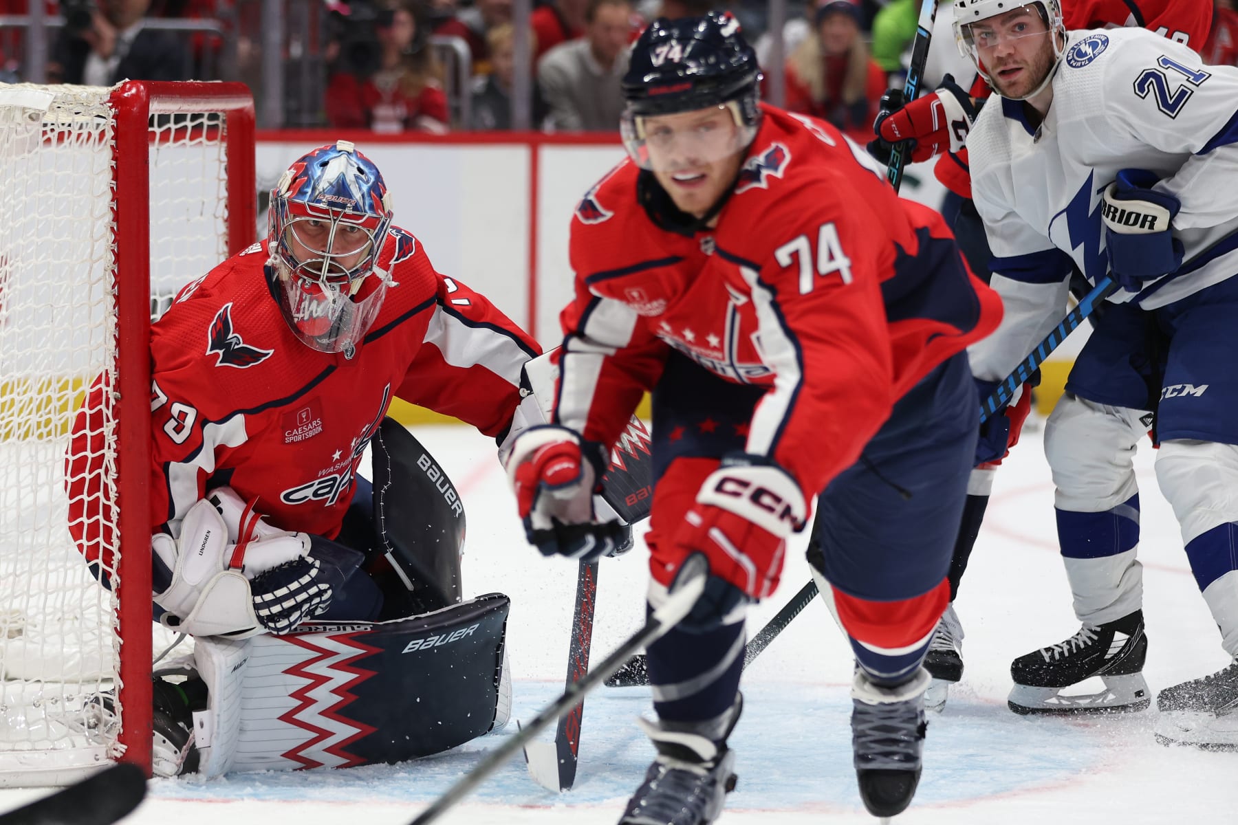 WASHINGTON, DC - DECEMBER 23: Goalie Charlie Lindgren #79 of the Washington Capitals tends the net against the Tampa Bay Lightning during the first period at Capital One Arena on December 23, 2023 in Washington, DC. (Photo by Patrick Smith/Getty Images)