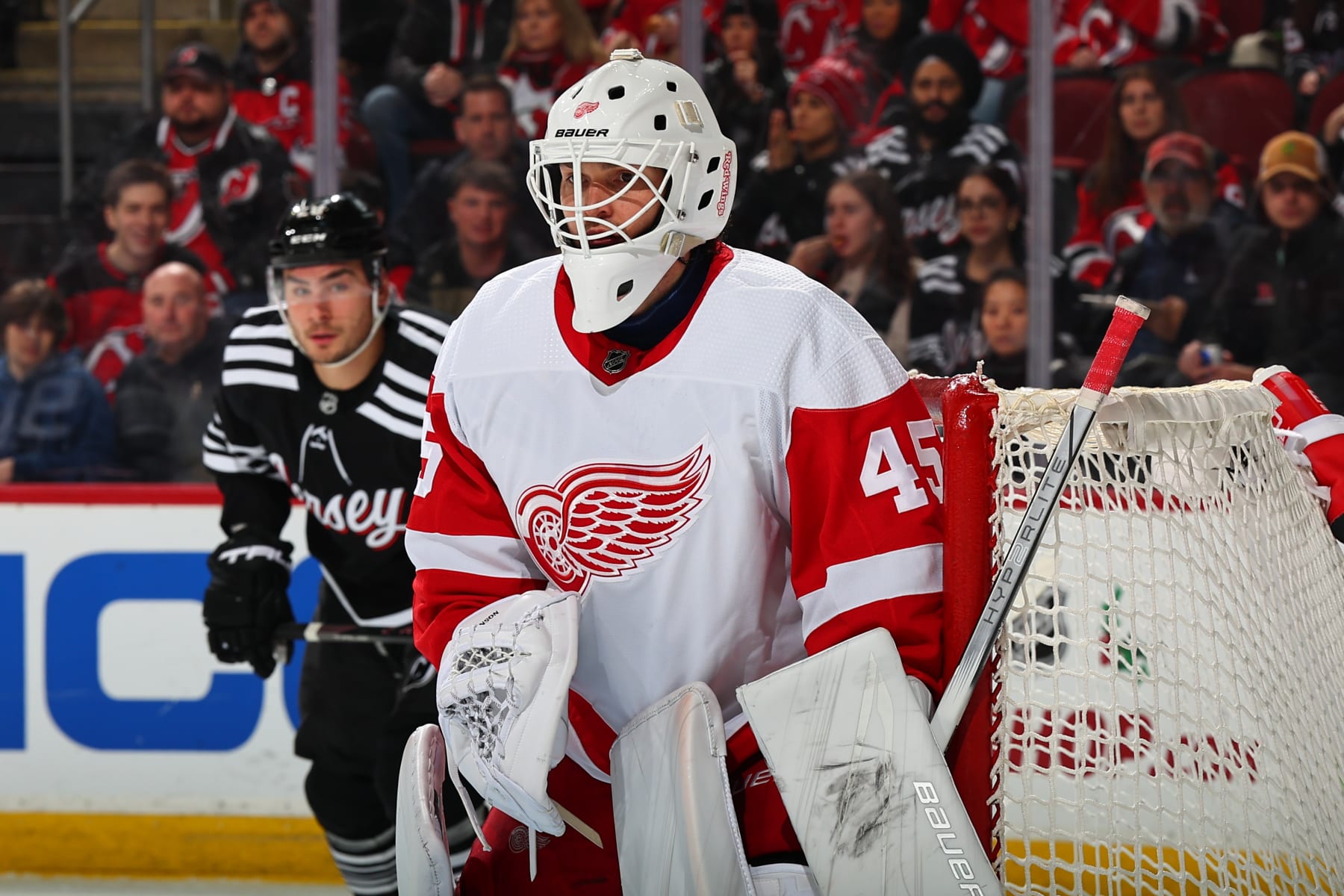 NEWARK, NJ - DECEMBER 23: Michael Hutchinson #45 of the Detroit Red Wings defends his net in the first period of the game against the New Jersey Devils at the Prudential Center on December 23, 2023 in Newark, New Jersey.  (Photo by Rich Graessle/NHLI via Getty Images)