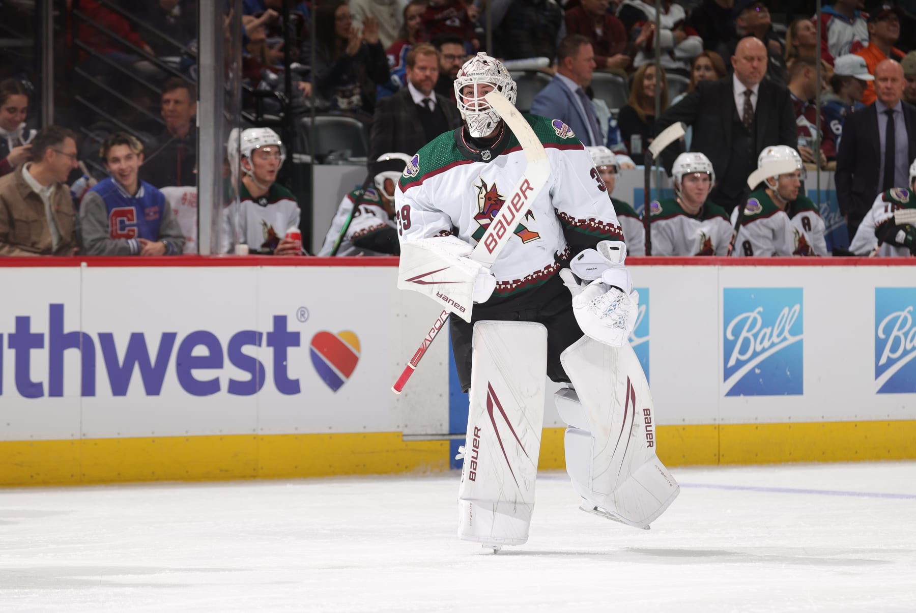 DENVER, COLORADO - DECEMBER 23: Goaltender Connor Ingram #39 of the Arizona Coyotes skates back to the net against the Colorado Avalanche at Ball Arena on December 23, 2023 in Denver, Colorado. (Photo by Michael Martin/NHLI via Getty Images)