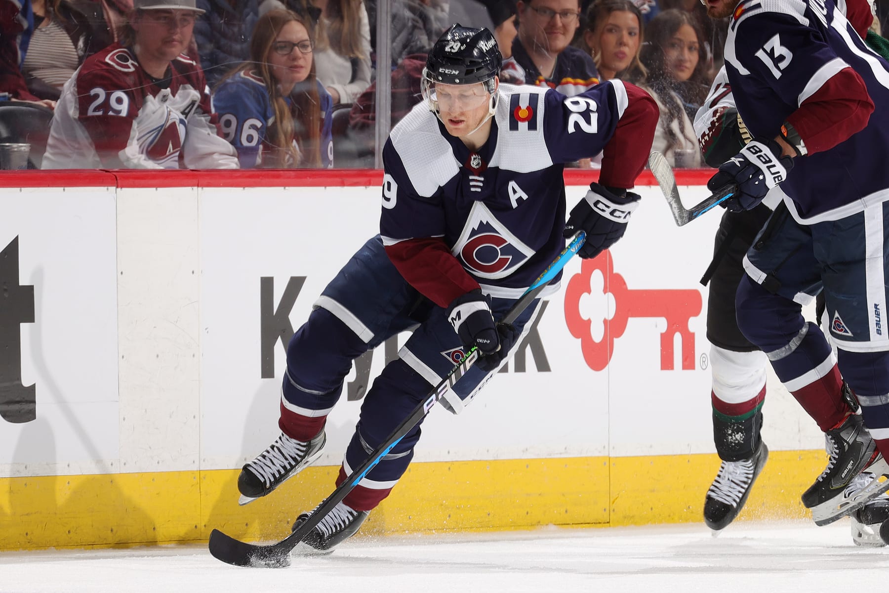 DENVER, COLORADO - DECEMBER 23: Nathan MacKinnon #29 of the Colorado Avalanche skates against the Arizona Coyotes at Ball Arena on December 23, 2023 in Denver, Colorado. (Photo by Michael Martin/NHLI via Getty Images)