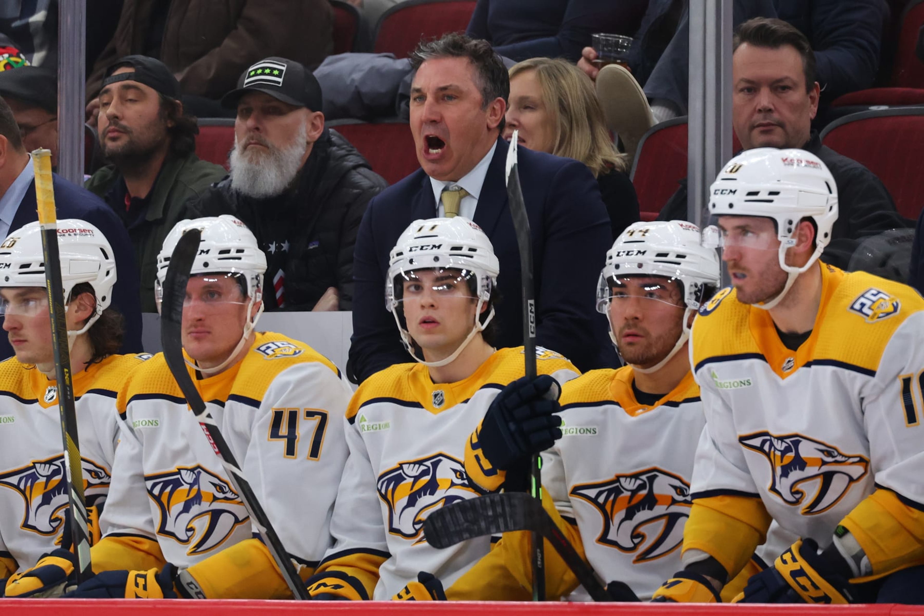 CHICAGO, ILLINOIS - DECEMBER 05: Head coach Andrew Brunette of the Nashville Predators reacts against the Chicago Blackhawks during the third period at the United Center on December 05, 2023 in Chicago, Illinois. (Photo by Michael Reaves/Getty Images) CHICAGO, ILLINOIS - DECEMBER 05: Head coach Andrew Brunette of the Nashville Predators reacts against the Chicago Blackhawks during the third period at the United Center on December 05, 2023 in Chicago, Illinois. (Photo by Michael Reaves/Getty Images)