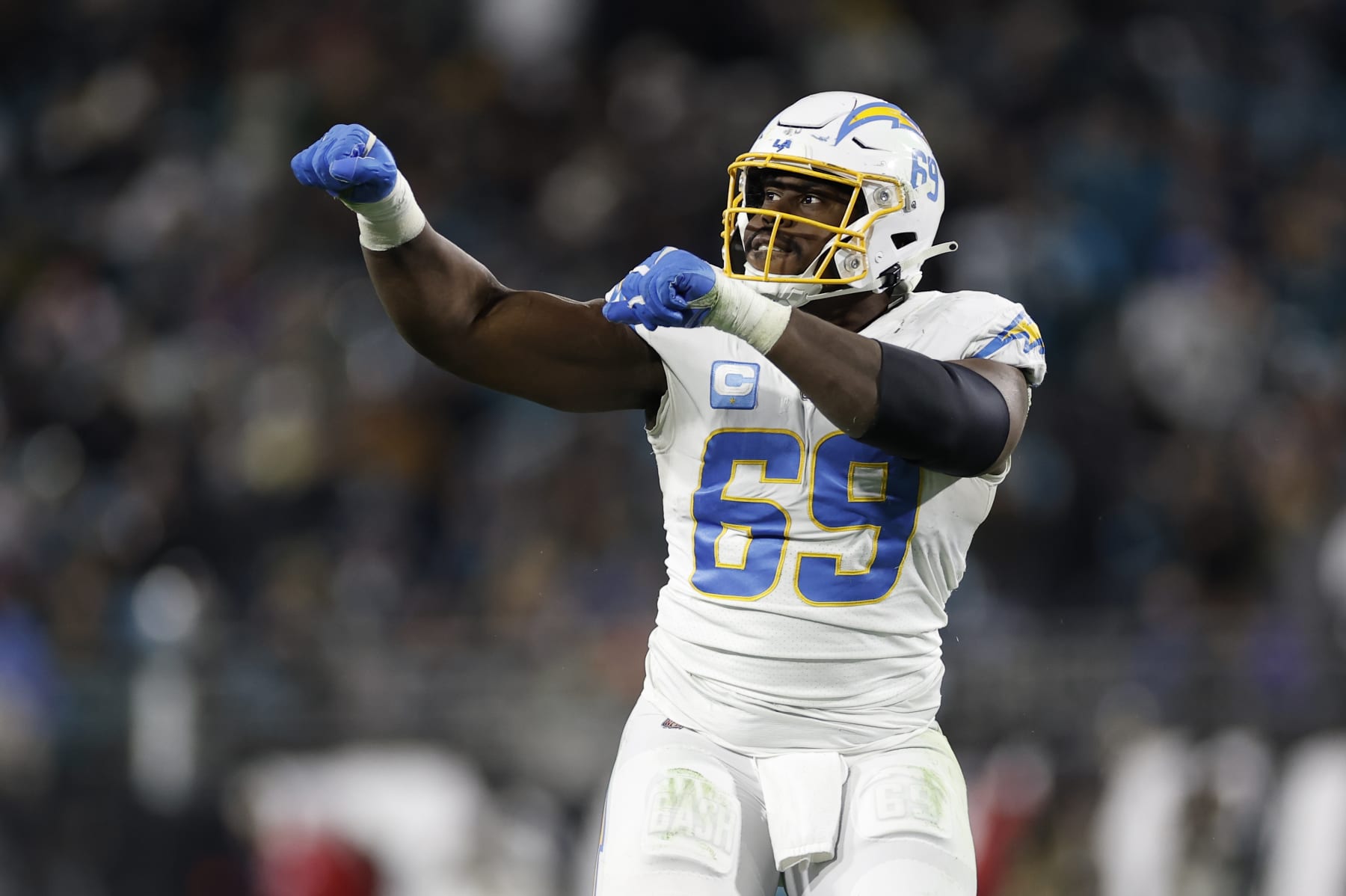 JACKSONVILLE, FL - JANUARY 14: Los Angeles Chargers defensive tackle Sebastian Joseph-Day (69) reacts after a play during the game between the Los Angeles Chargers and the Jacksonville Jaguars on January 14, 2023 at TIAA Bank Field in Jacksonville, Fl. (Photo by David Rosenblum/Icon Sportswire via Getty Images)