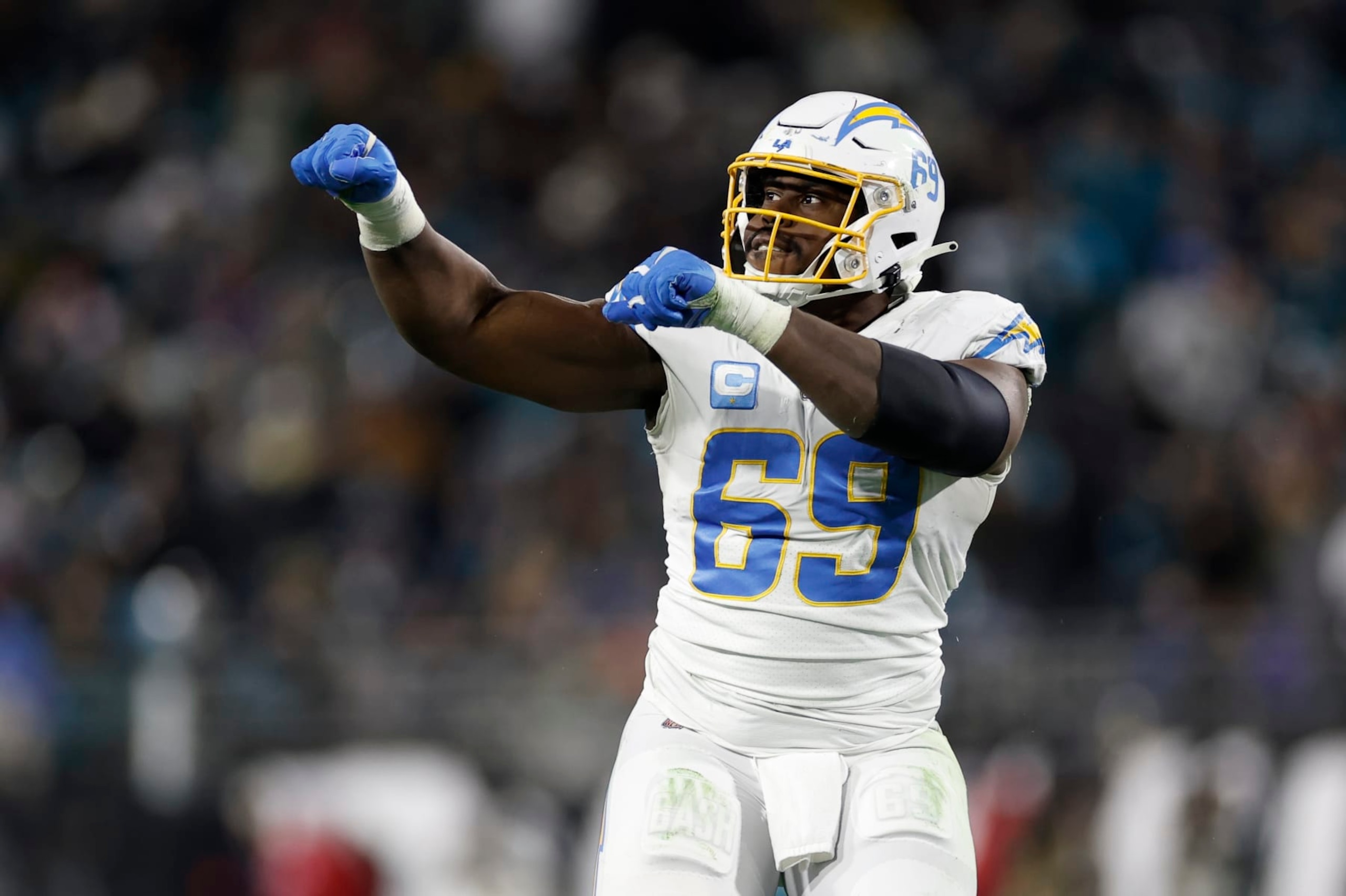 JACKSONVILLE, FL - JANUARY 14: Los Angeles Chargers defensive tackle Sebastian Joseph-Day (69) reacts after a play during the game between the Los Angeles Chargers and the Jacksonville Jaguars on January 14, 2023 at TIAA Bank Field in Jacksonville, Fl. (Photo by David Rosenblum/Icon Sportswire via Getty Images)