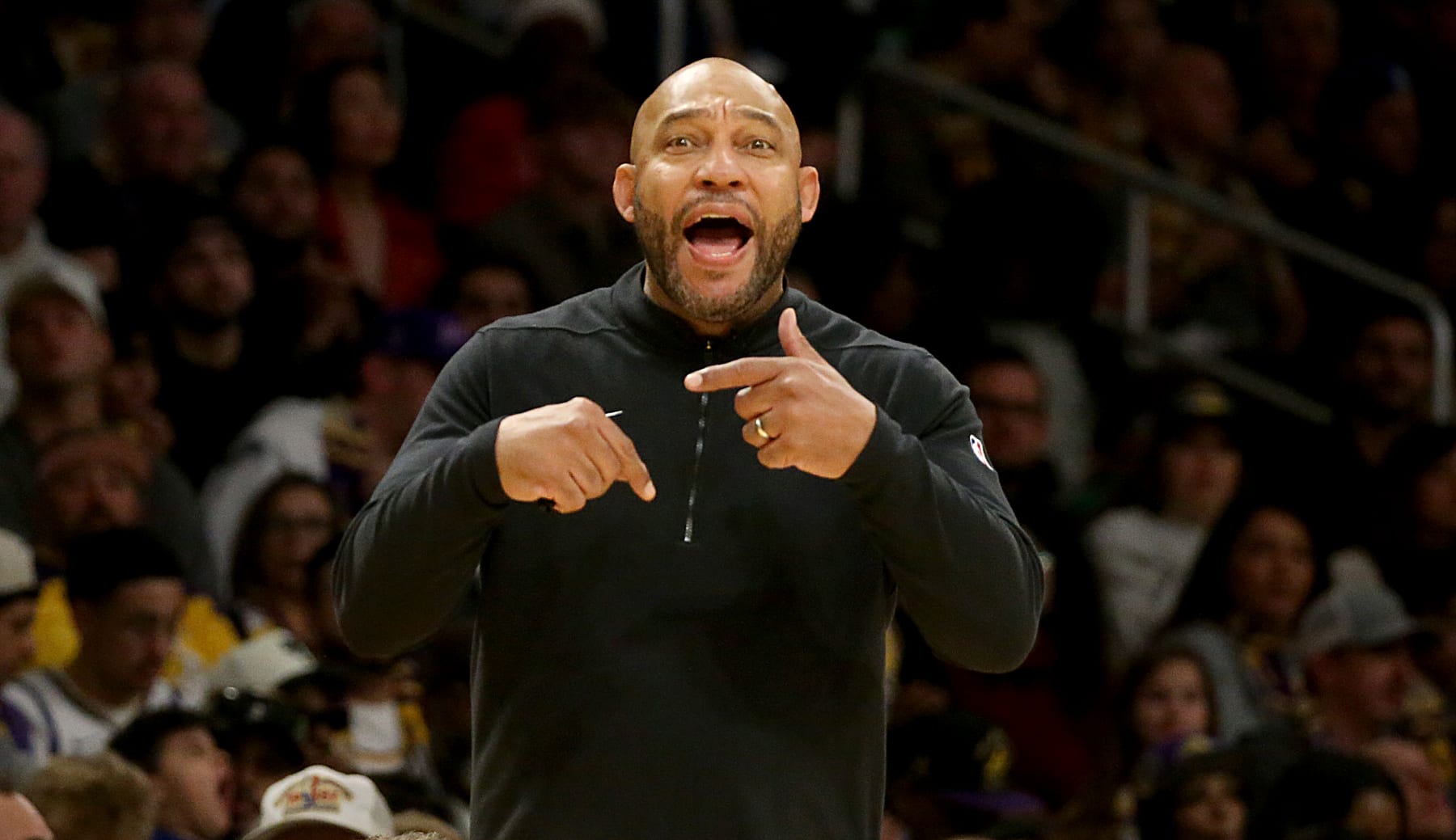 Los Angeles, CA - Lakers coach Darvin Ham yells instructions to his players in the first half against the Celtics at Crypto.com Arena in Los Angeles on Christmas Day, Dec. 25, 2023. (Luis Sinco / Los Angeles Times via Getty Images)