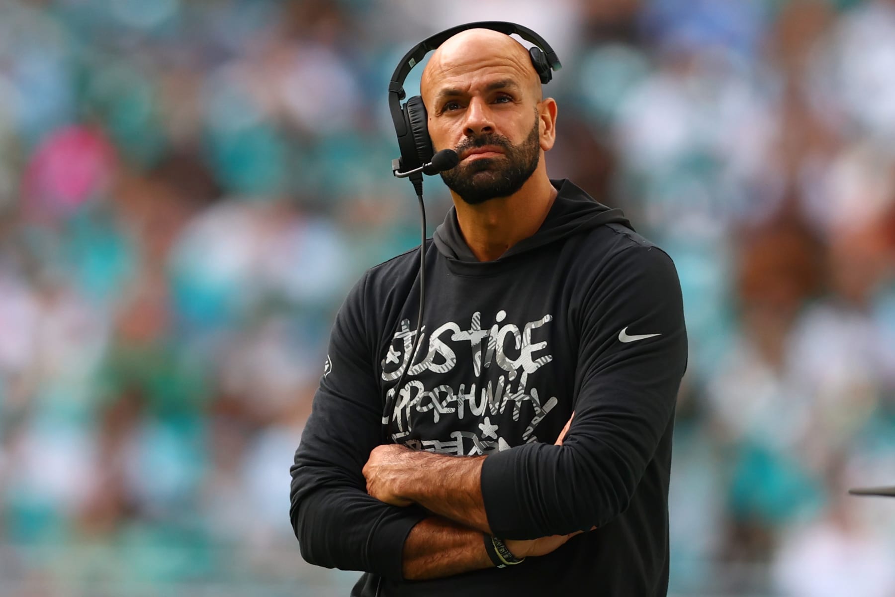 MIAMI GARDENS, FLORIDA - DECEMBER 17: Head coach Robert Saleh of the New York Jets looks on during the second half of the game against the Miami Dolphins at Hard Rock Stadium on December 17, 2023 in Miami Gardens, Florida. (Photo by Megan Briggs/Getty Images)