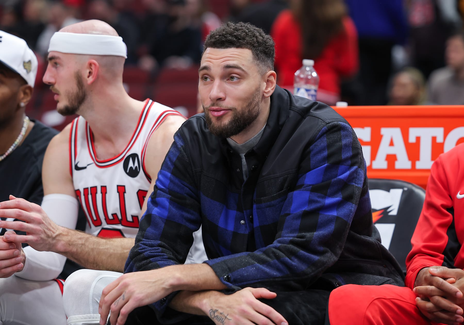 CHICAGO, IL - DECEMBER 23: Zach LaVine #8 of the Chicago Bulls looks on form the bench during the second half against the Chicago Bulls at the United Center on December 23, 2023 in Chicago, Illinois. (Photo by Melissa Tamez/Icon Sportswire via Getty Images)