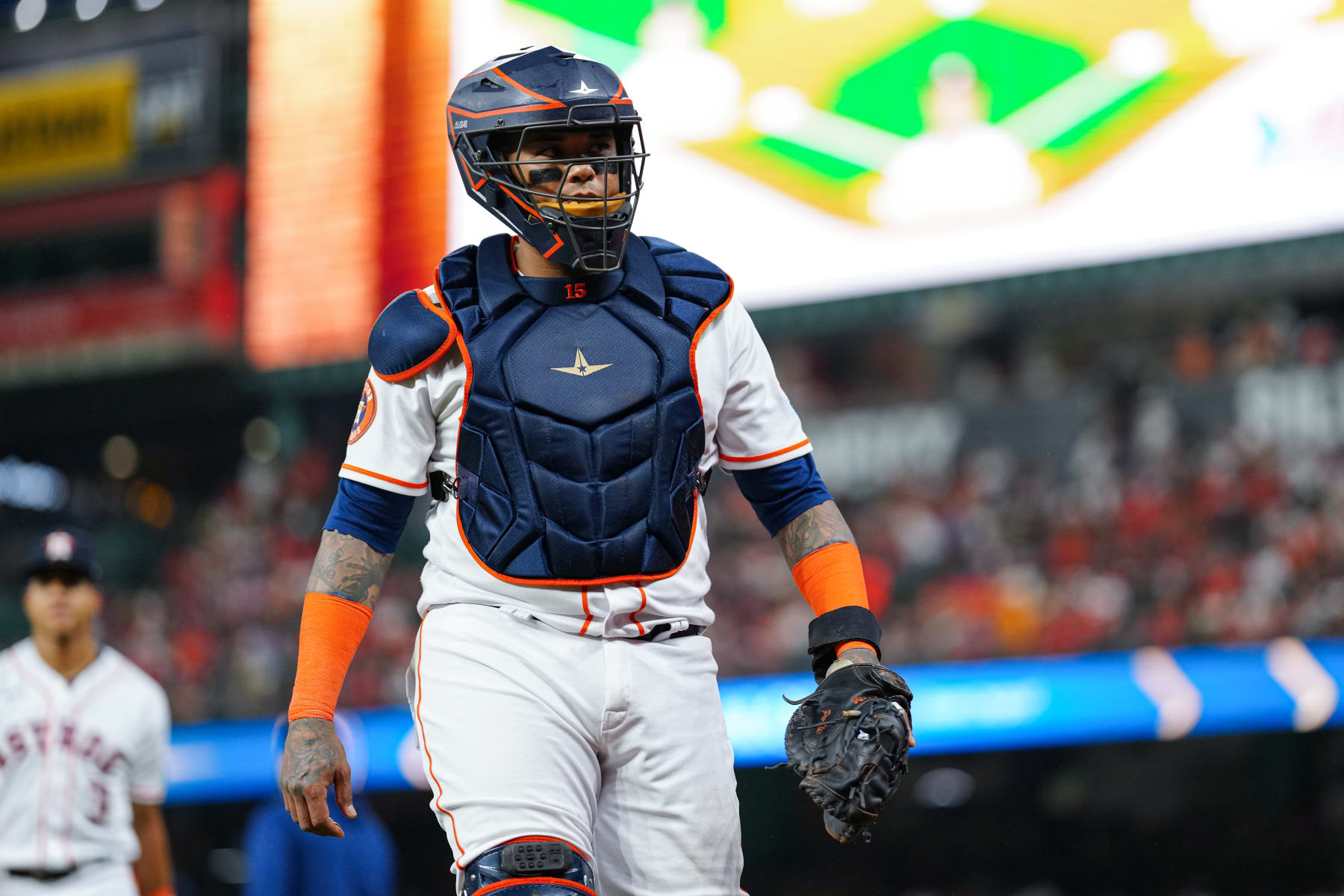 HOUSTON, TX - OCTOBER 23: Martin Maldonado #15 of the Houston Astros returns to the dugout prior to Game 7 of the ALCS between the Texas Rangers and the Houston Astros at Minute Maid Park on Monday, October 23, 2023 in Houston, Texas. (Photo by Daniel Shirey/MLB Photos via Getty Images)