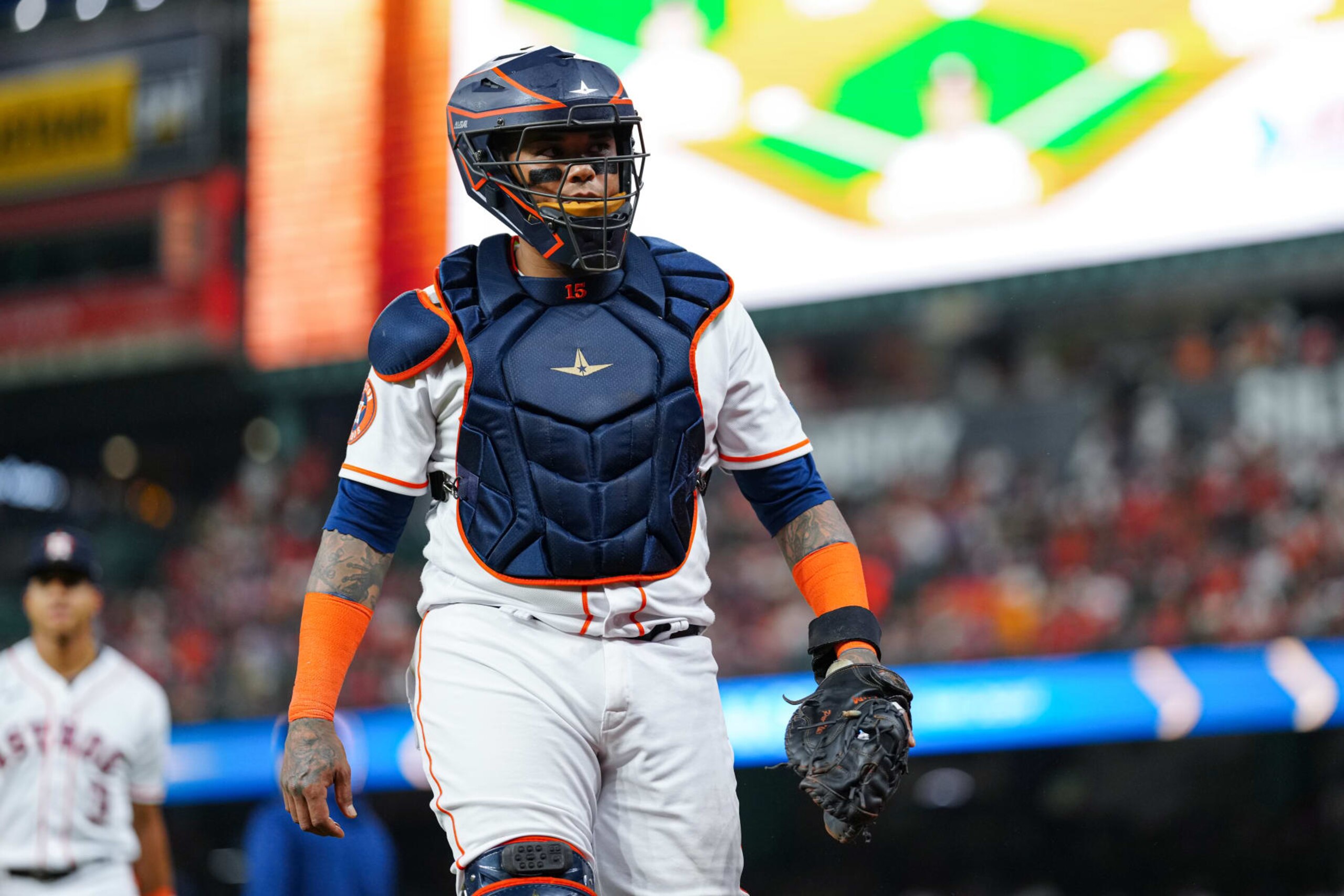 HOUSTON, TX - OCTOBER 23: Martin Maldonado #15 of the Houston Astros returns to the dugout prior to Game 7 of the ALCS between the Texas Rangers and the Houston Astros at Minute Maid Park on Monday, October 23, 2023 in Houston, Texas. (Photo by Daniel Shirey/MLB Photos via Getty Images)