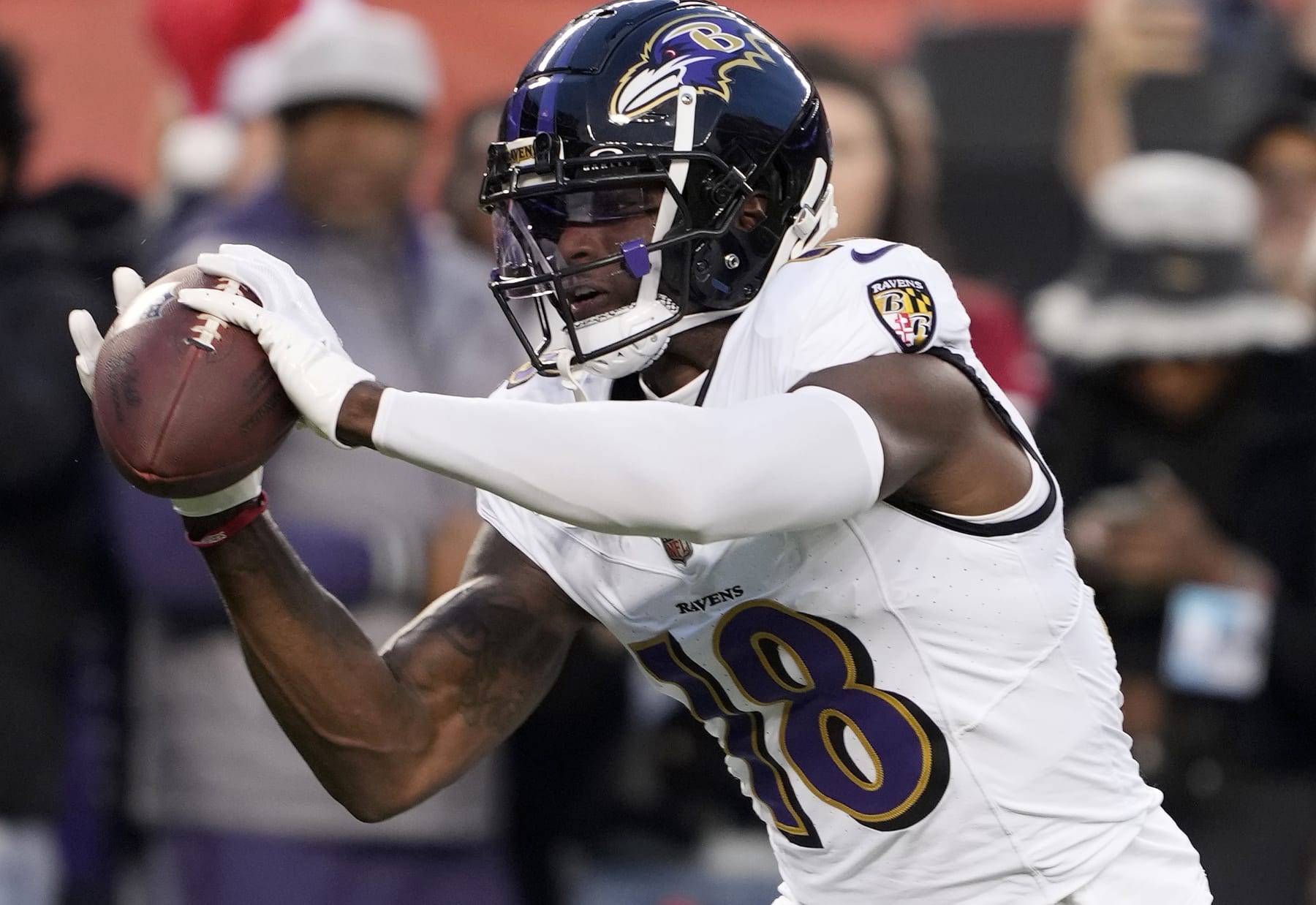 SANTA CLARA, CALIFORNIA - DECEMBER 25: Laquon Treadwell #18 of the Baltimore Ravens warms up prior to the start of an NFL football game against the San Francisco 49ers at Levi's Stadium on December 25, 2023 in Santa Clara, California. (Photo by Thearon W. Henderson/Getty Images)