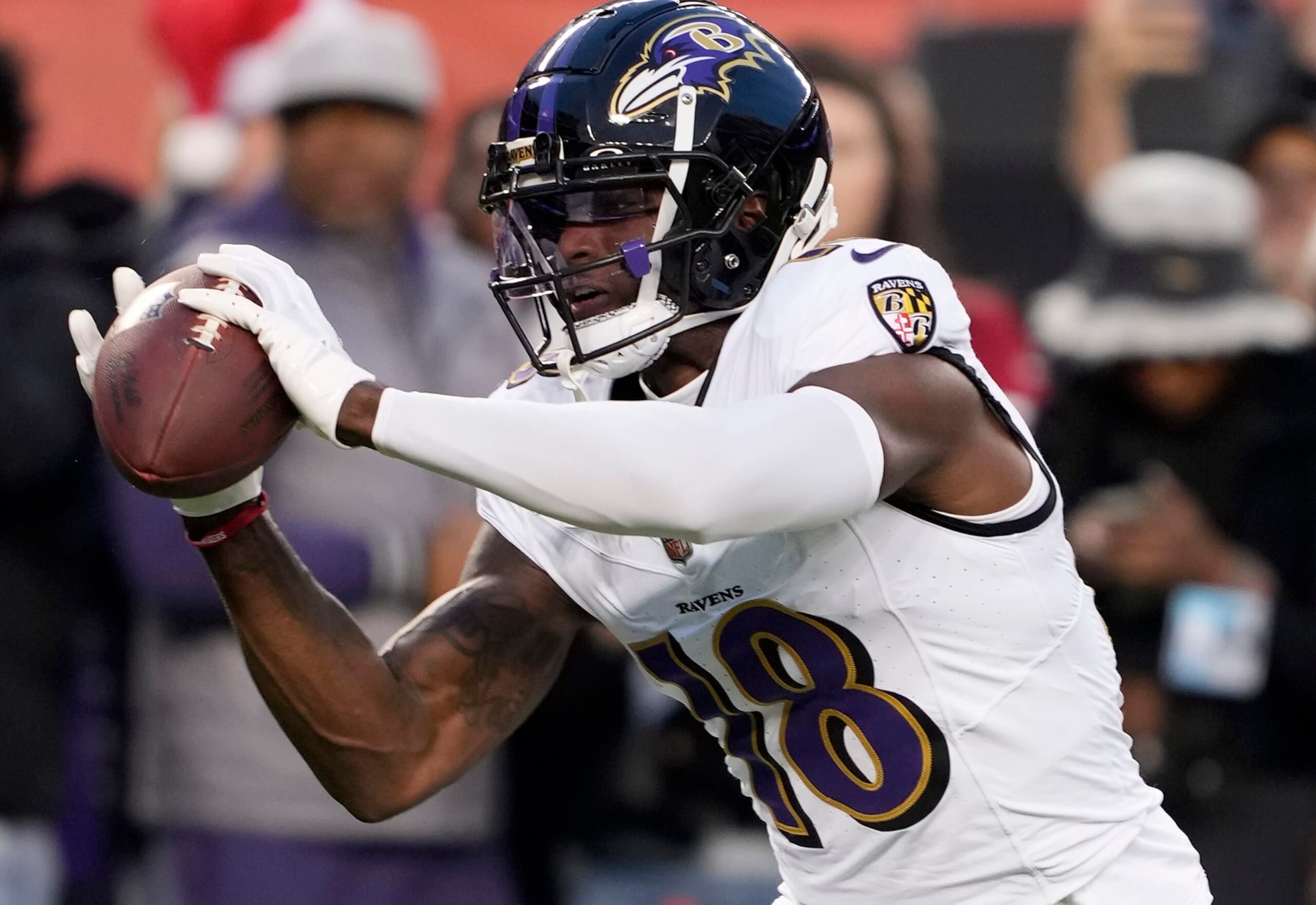 SANTA CLARA, CALIFORNIA - DECEMBER 25: Laquon Treadwell #18 of the Baltimore Ravens warms up prior to the start of an NFL football game against the San Francisco 49ers at Levi's Stadium on December 25, 2023 in Santa Clara, California. (Photo by Thearon W. Henderson/Getty Images)