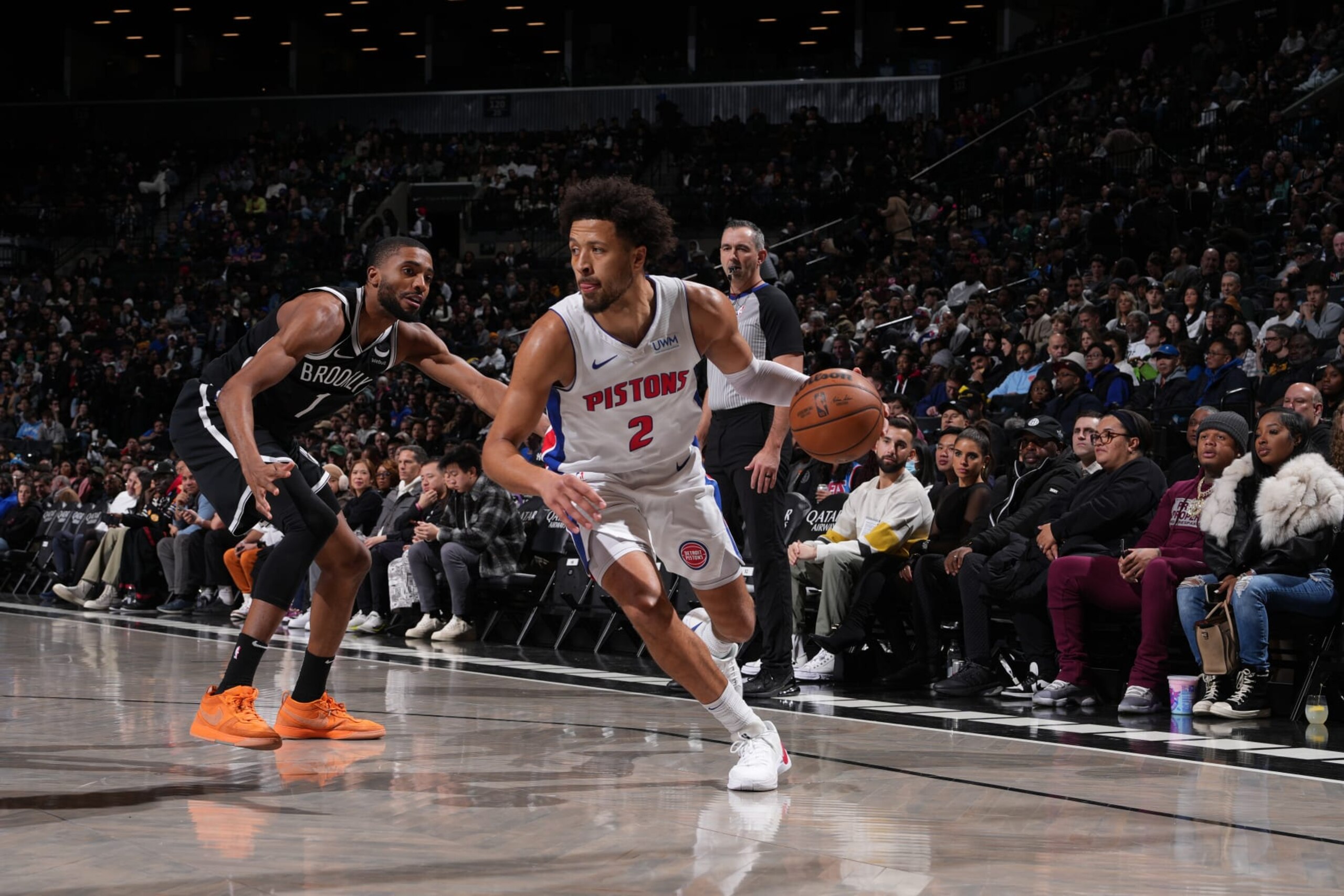BROOKLYN, NY - DECEMBER 23: Cade Cunningham #2 of the Detroit Pistons dribbles the ball during the game against the Brooklyn Nets on December 23, 2023 at Barclays Center in Brooklyn, New York. NOTE TO USER: User expressly acknowledges and agrees that, by downloading and or using this Photograph, user is consenting to the terms and conditions of the Getty Images License Agreement. Mandatory Copyright Notice: Copyright 2023 NBAE (Photo by Jesse D. Garrabrant/NBAE via Getty Images) BROOKLYN, NY - DECEMBER 23: Cade Cunningham #2 of the Detroit Pistons dribbles the ball during the game against the Brooklyn Nets on December 23, 2023 at Barclays Center in Brooklyn, New York. NOTE TO USER: User expressly acknowledges and agrees that, by downloading and or using this Photograph, user is consenting to the terms and conditions of the Getty Images License Agreement. Mandatory Copyright Notice: Copyright 2023 NBAE (Photo by Jesse D. Garrabrant/NBAE via Getty Images)